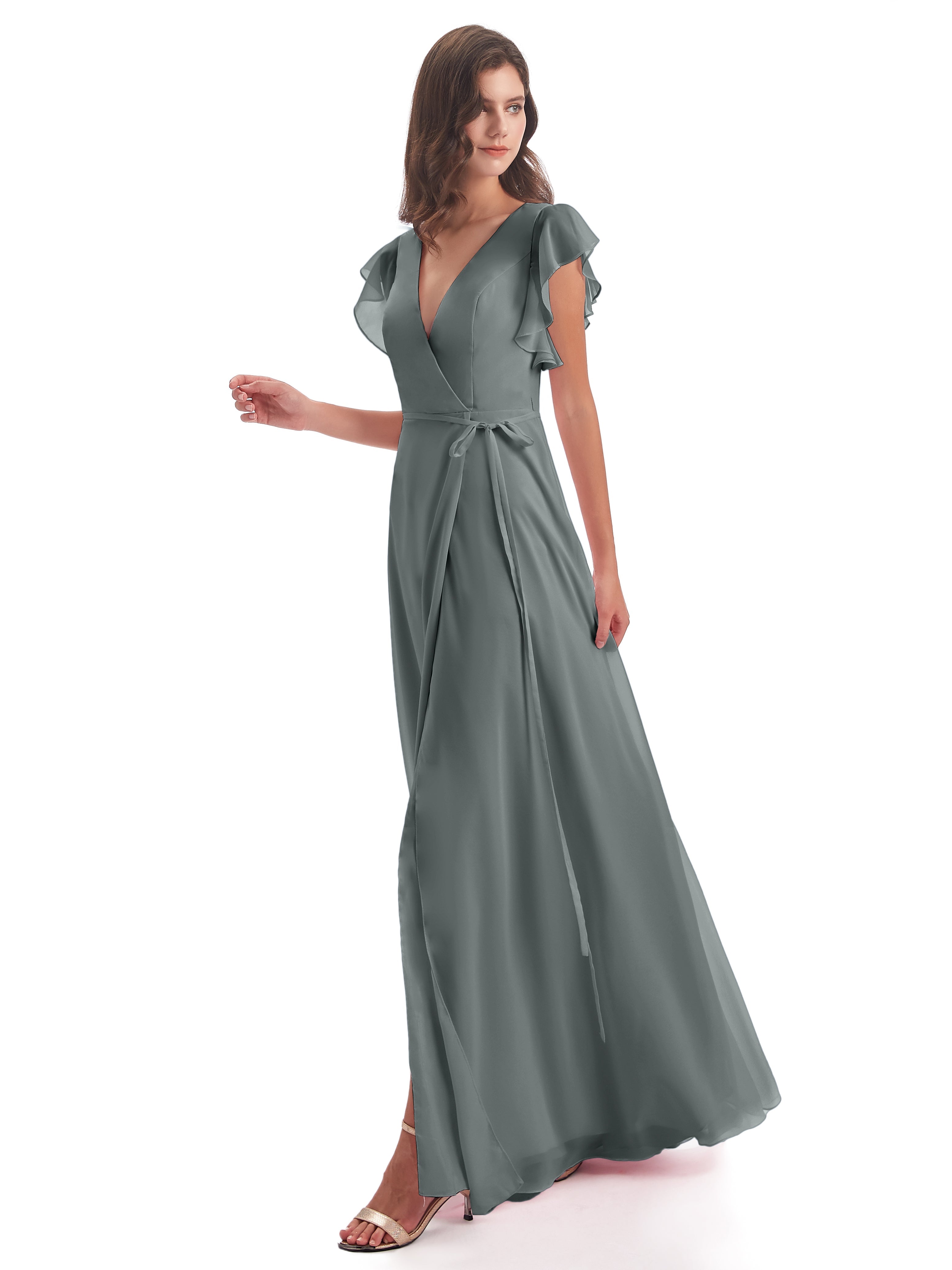 Robe Demoiselle D Honneur Gris Argenté Fendue Devant Col V Robes Demoiselle D'Honneur