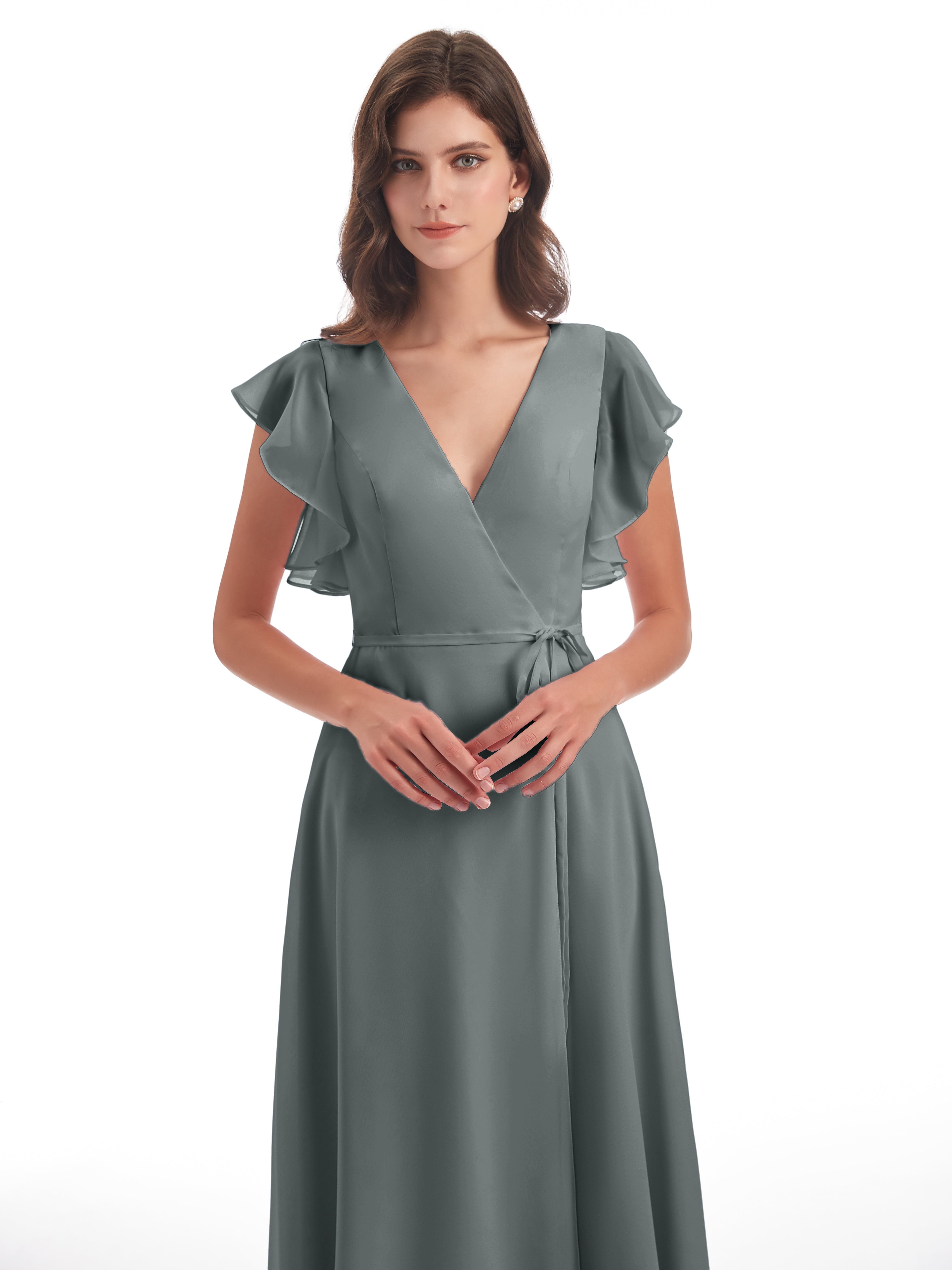 Robe Demoiselle D Honneur Gris Argenté Fendue Devant Col V Robes Demoiselle D'Honneur