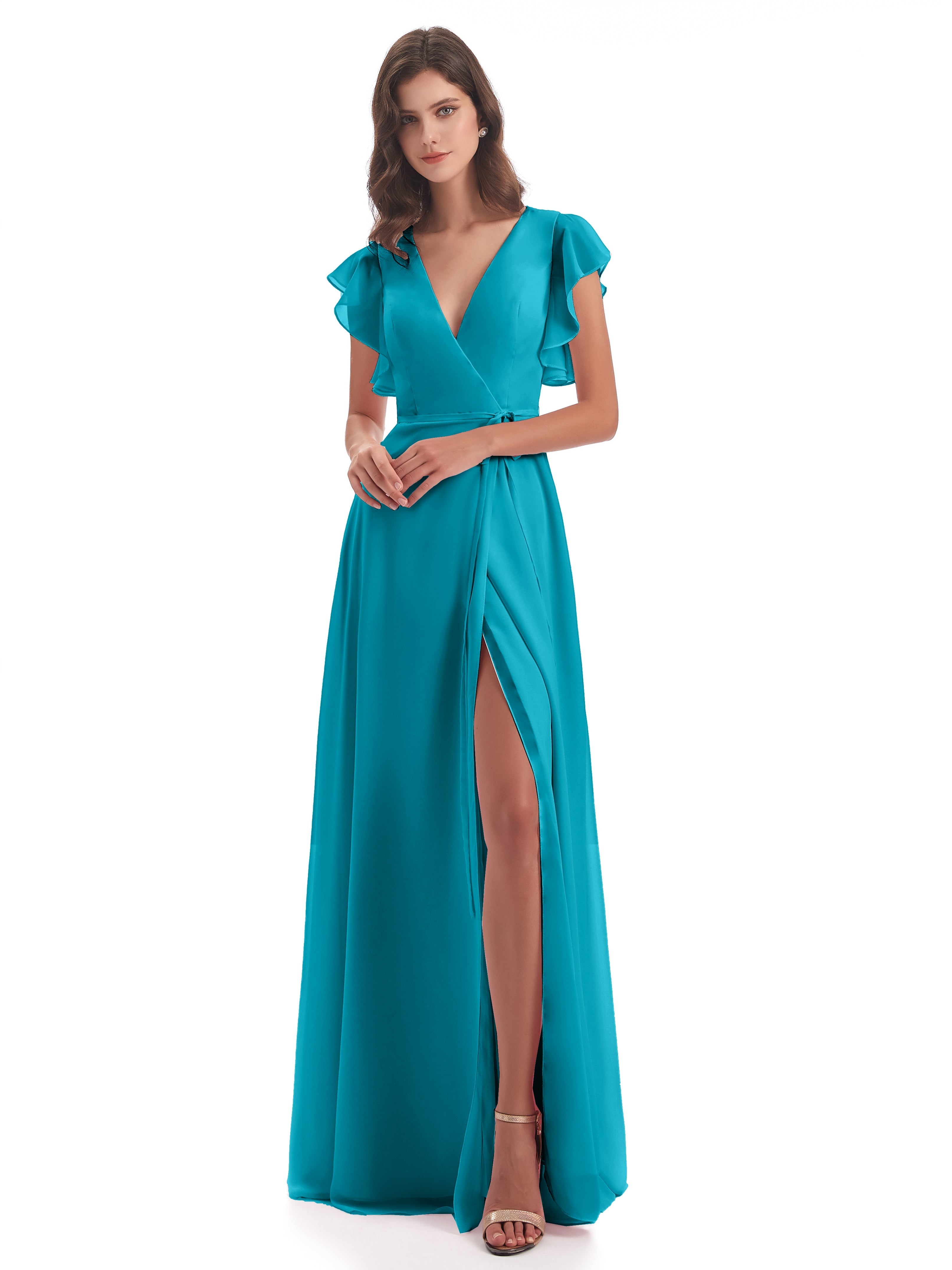 Robes De Demoiselle D'Honneur Vert Jade Fendue Devant Col V Robes Demoiselle D'Honneur