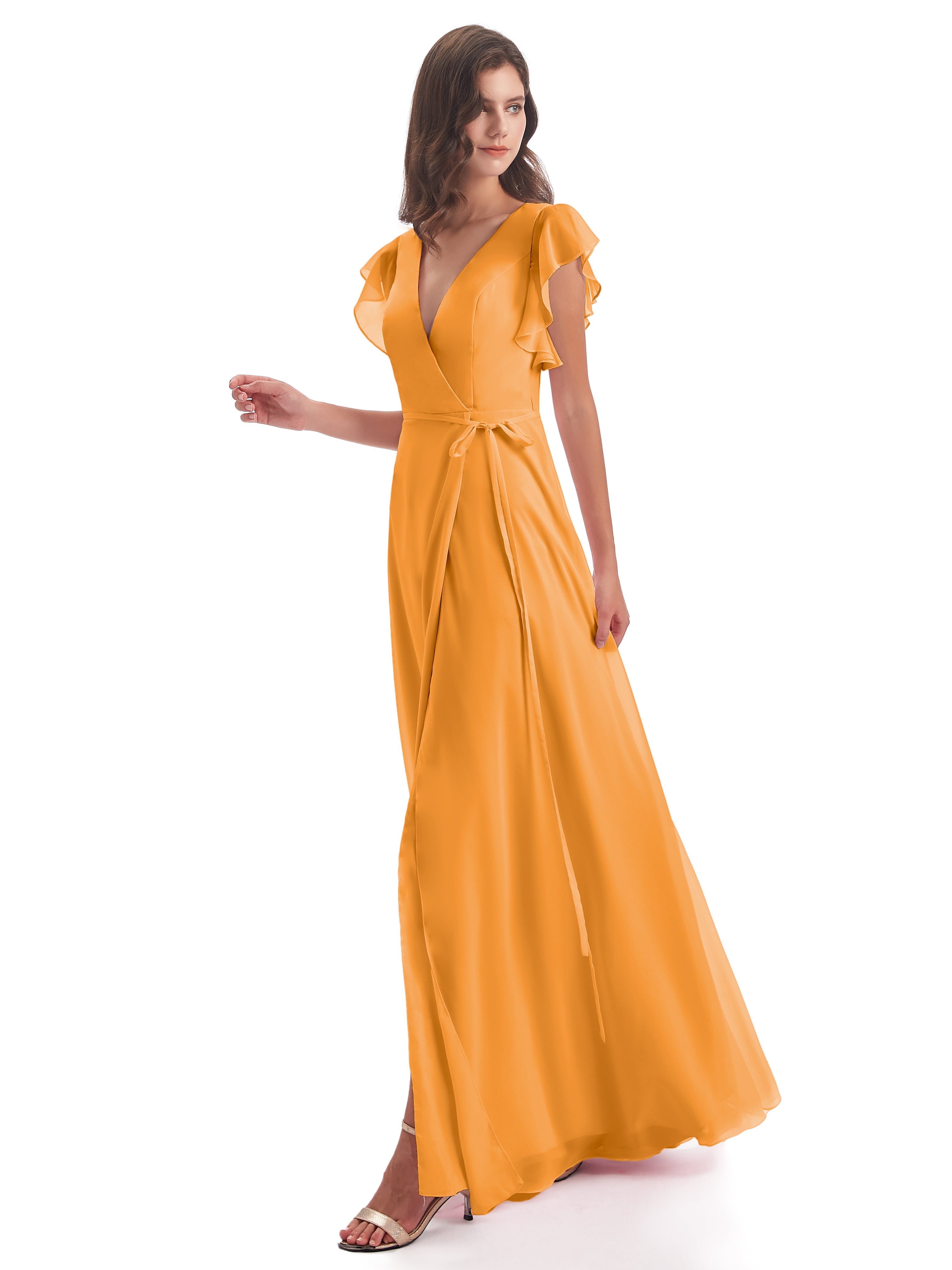 Robes De Demoiselle D'Honneur Mandarine Fendue Devant Col V Robes Demoiselle D'Honneur
