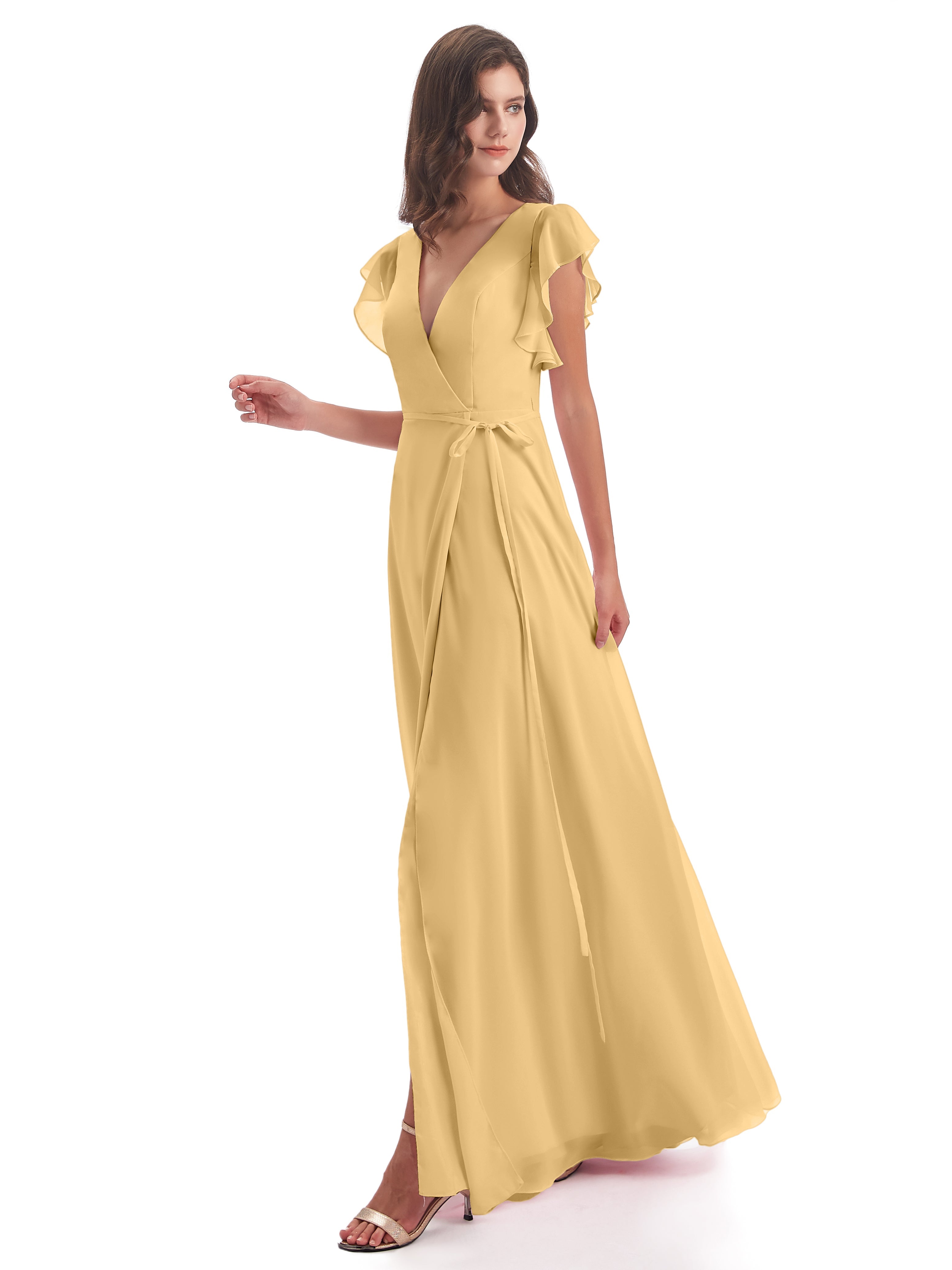 Robe Demoiselle D Honneur Couleur Or Fendue Devant Col V Robes Demoiselle D'Honneur