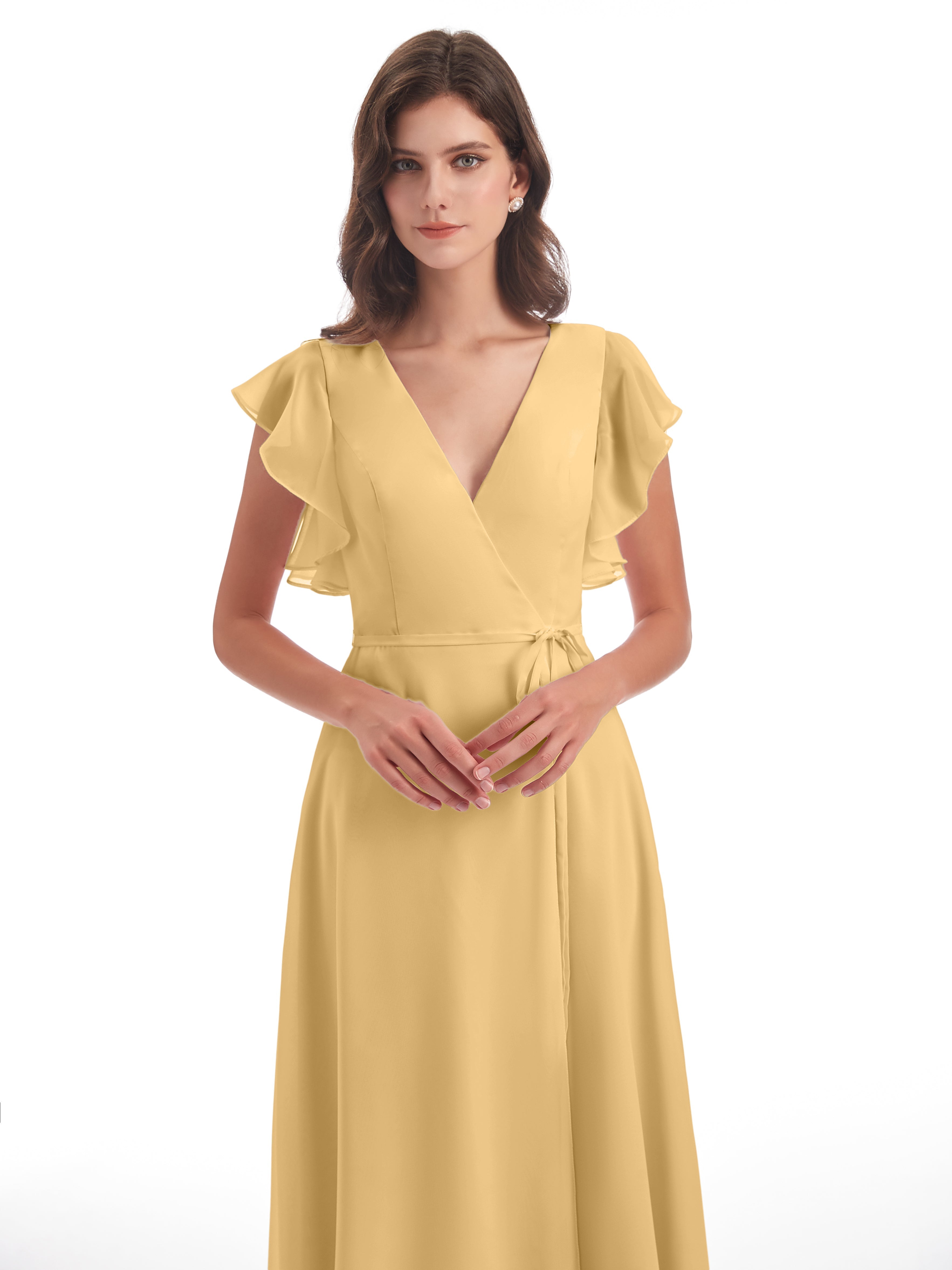 Robe Demoiselle D Honneur Couleur Or Fendue Devant Col V Robes Demoiselle D'Honneur