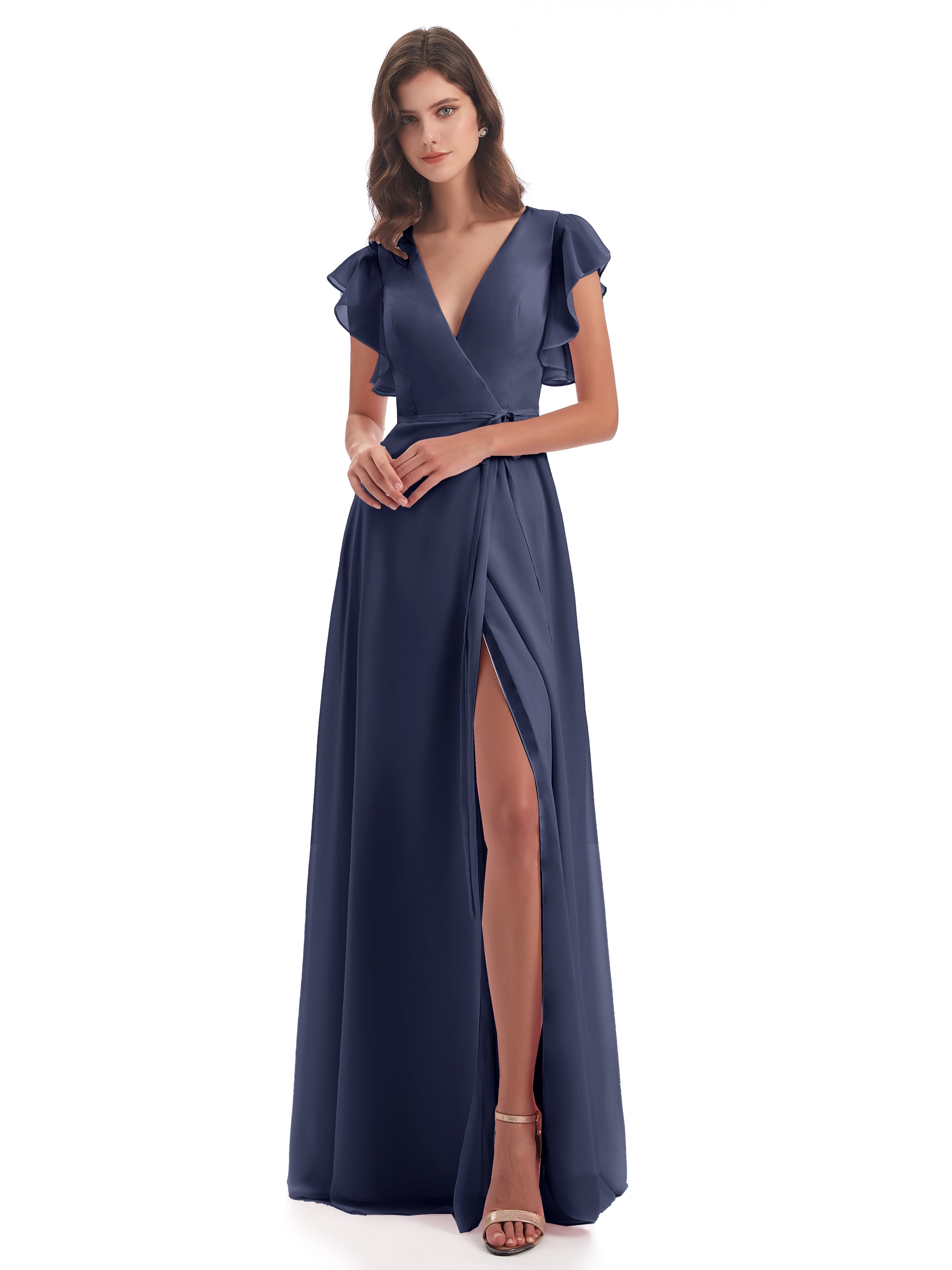 Robes De Demoiselle D'Honneur Bleu Orageux Fendue Devant Col V Robes Demoiselle D'Honneur