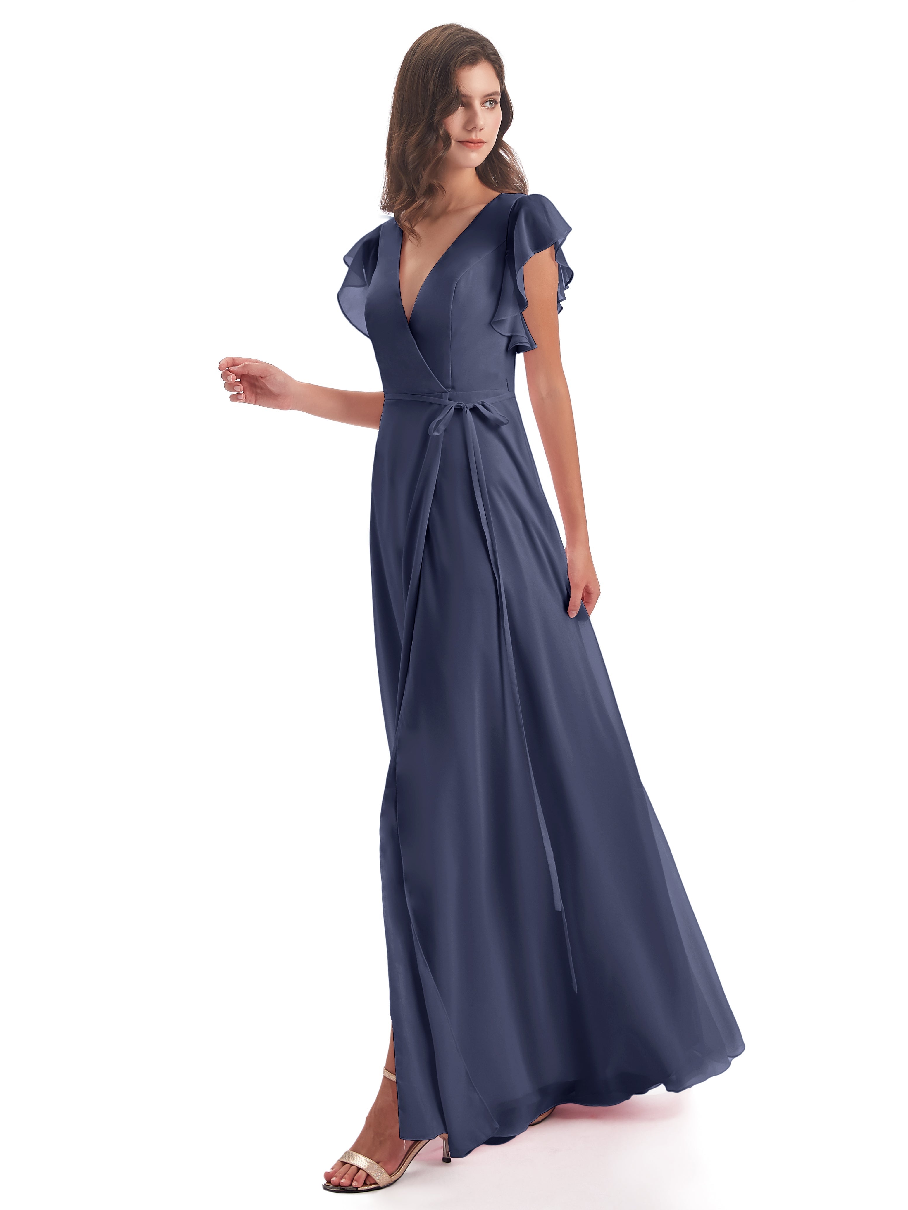 Robes De Demoiselle D'Honneur Bleu Orageux Fendue Devant Col V Robes Demoiselle D'Honneur