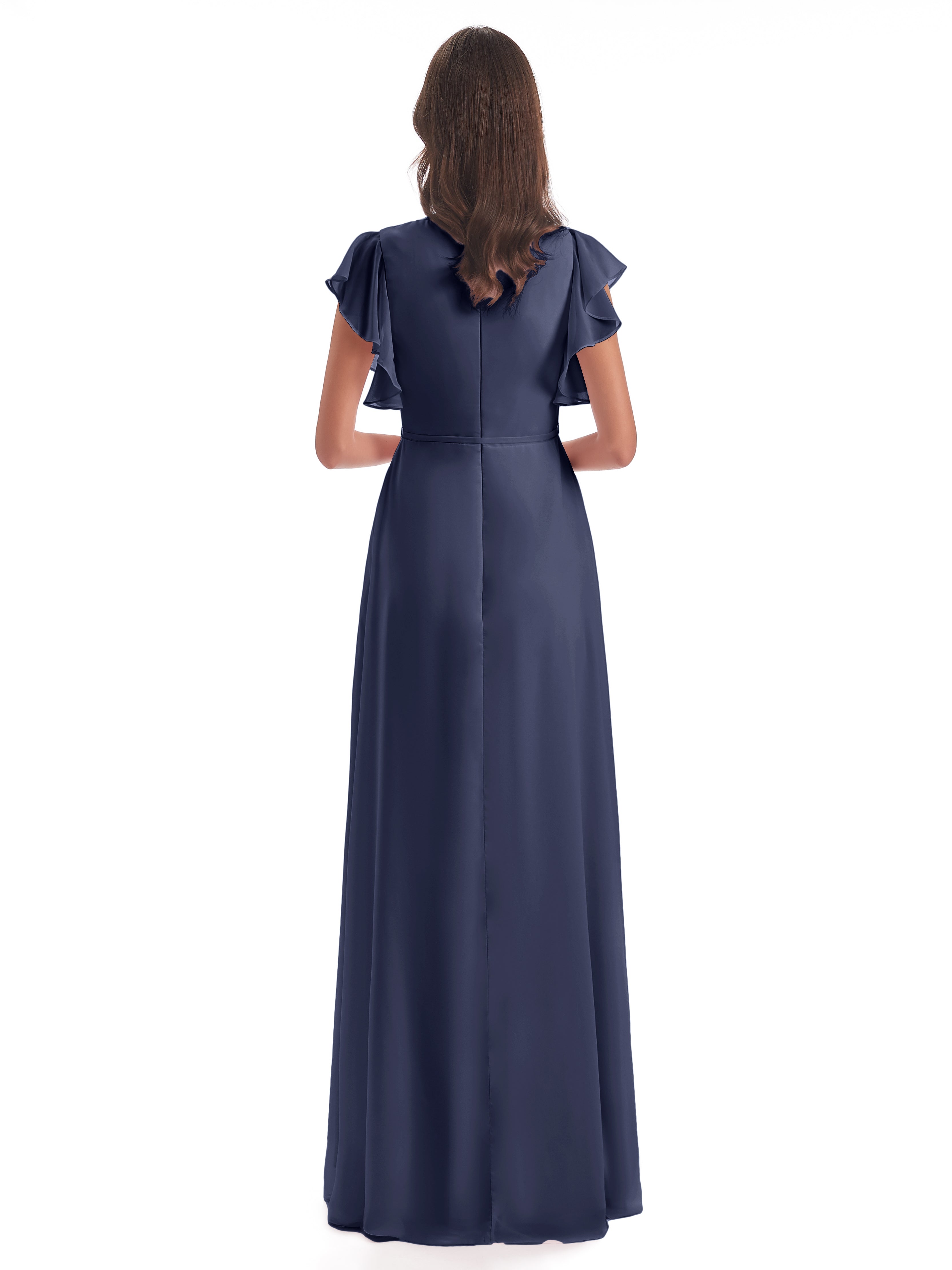 Robes De Demoiselle D'Honneur Bleu Orageux Fendue Devant Col V Robes Demoiselle D'Honneur