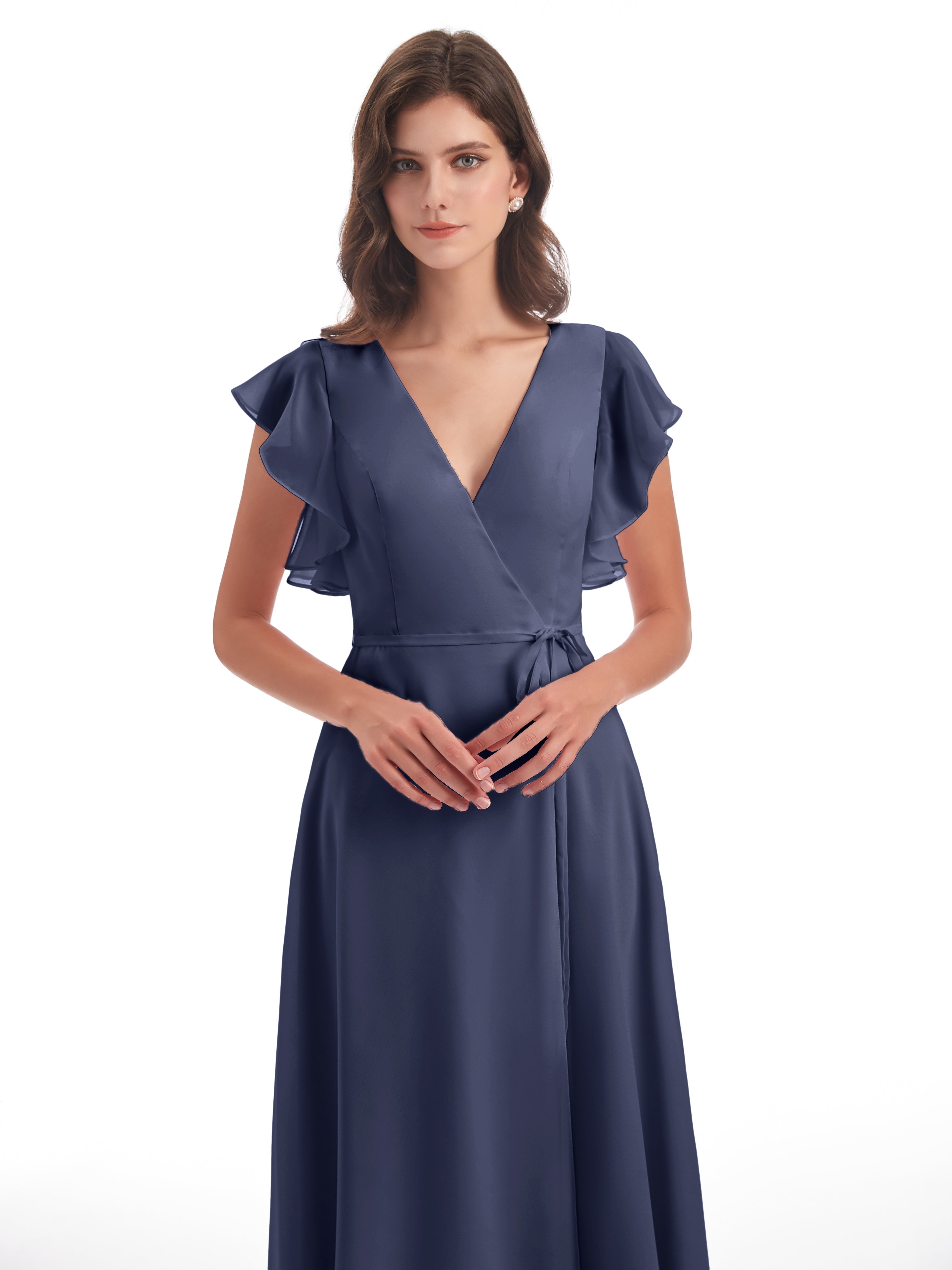 Robes De Demoiselle D'Honneur Bleu Orageux Fendue Devant Col V Robes Demoiselle D'Honneur