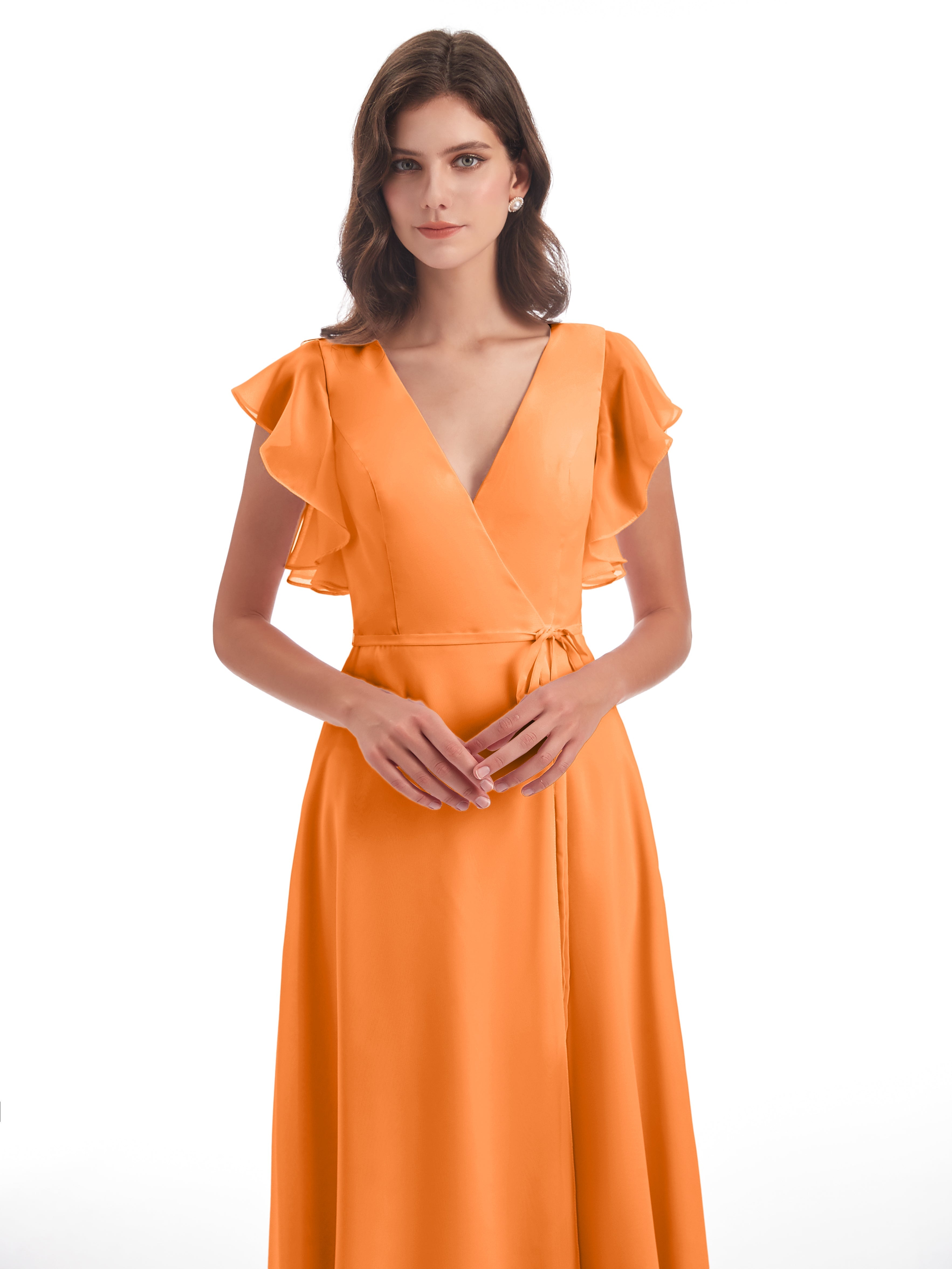 Robe Demoiselle Dhonneur Orange Fendue Devant Col V Robes Demoiselle D'Honneur