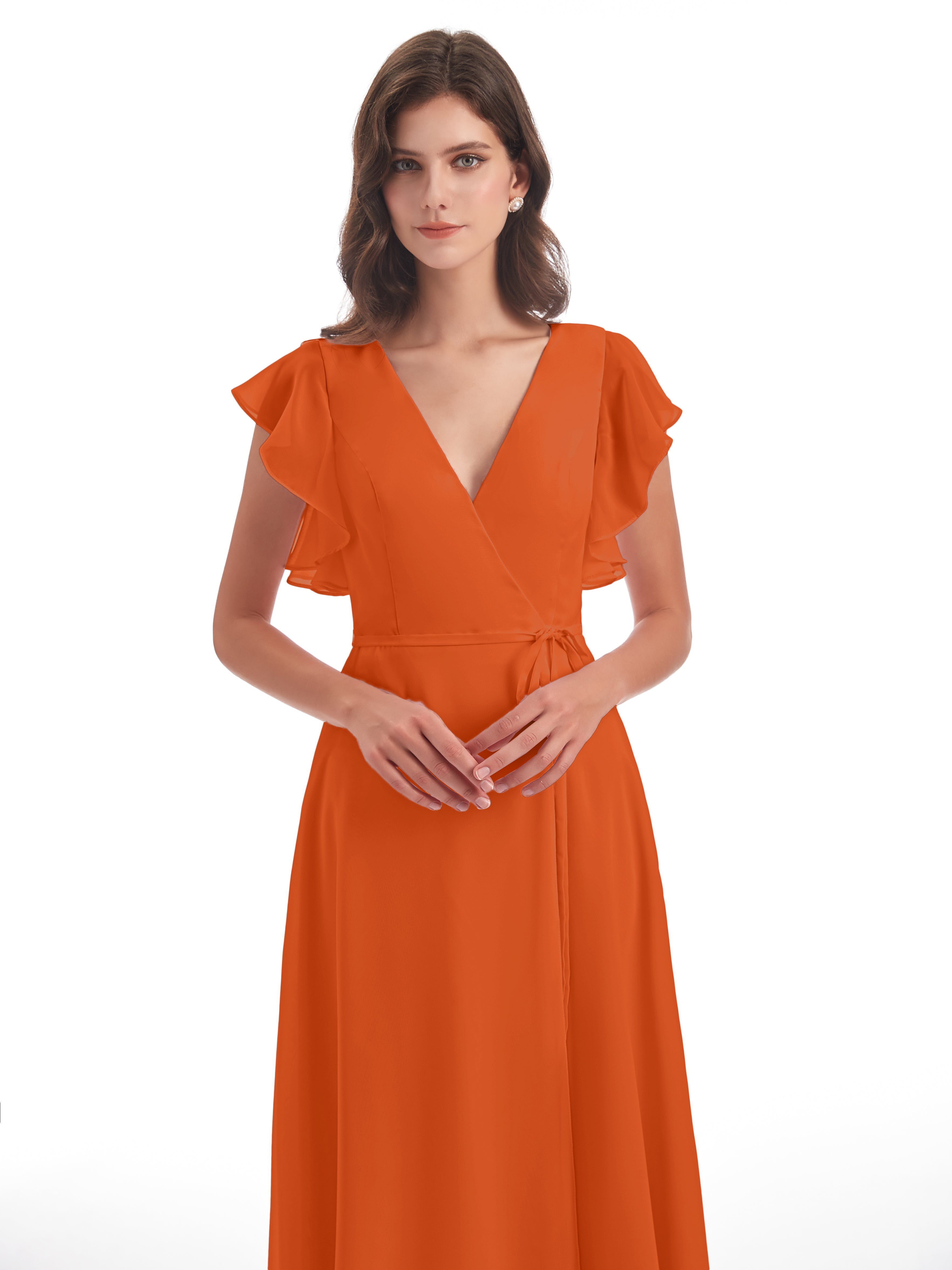 Robes De Demoiselle D'Honneur Orange Foncé Fendue Devant Col V Robes Demoiselle D'Honneur