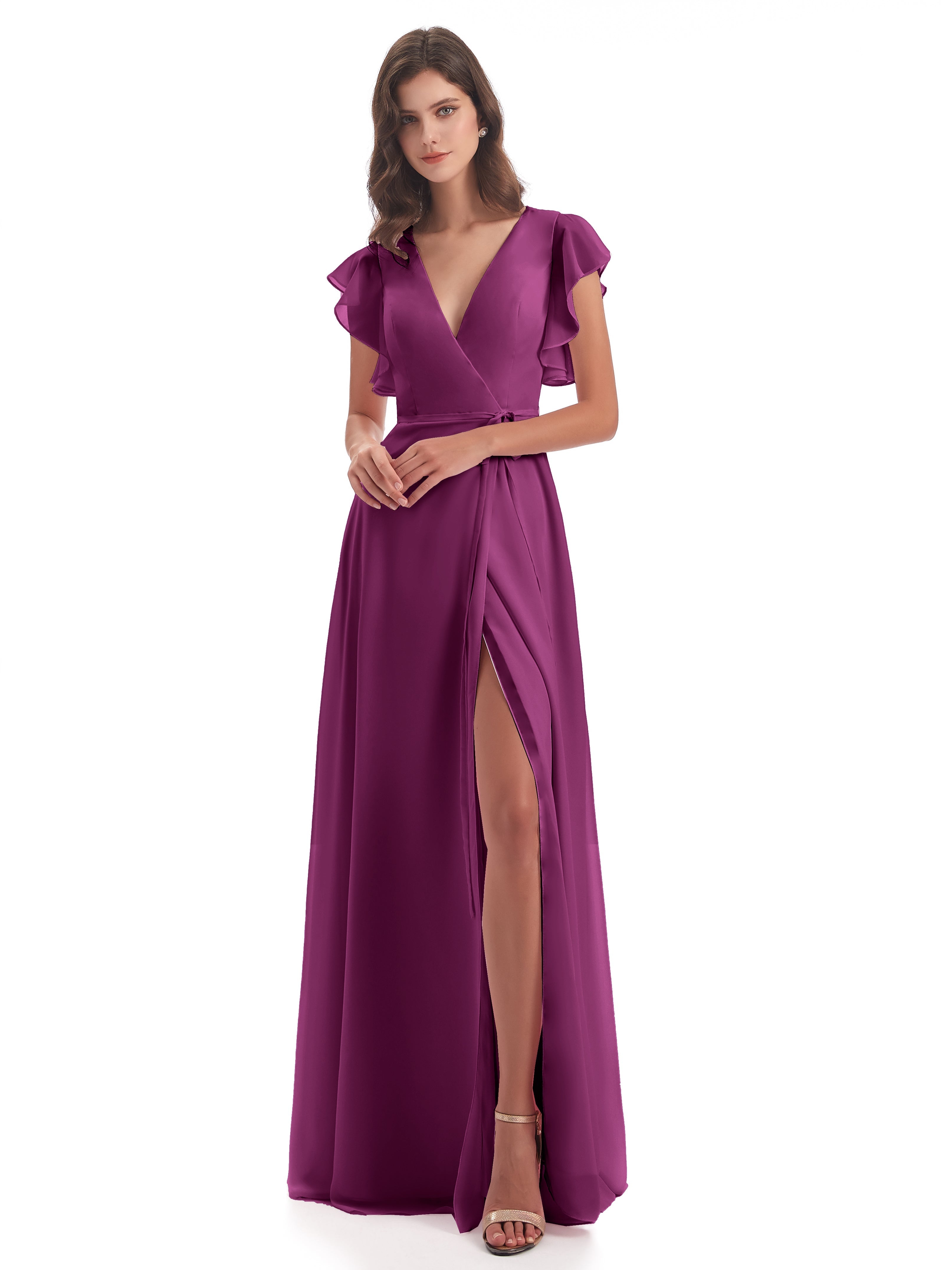 Robes De Demoiselle D'Honneur Orchidée Fendue Devant Col V Robes Demoiselle D'Honneur