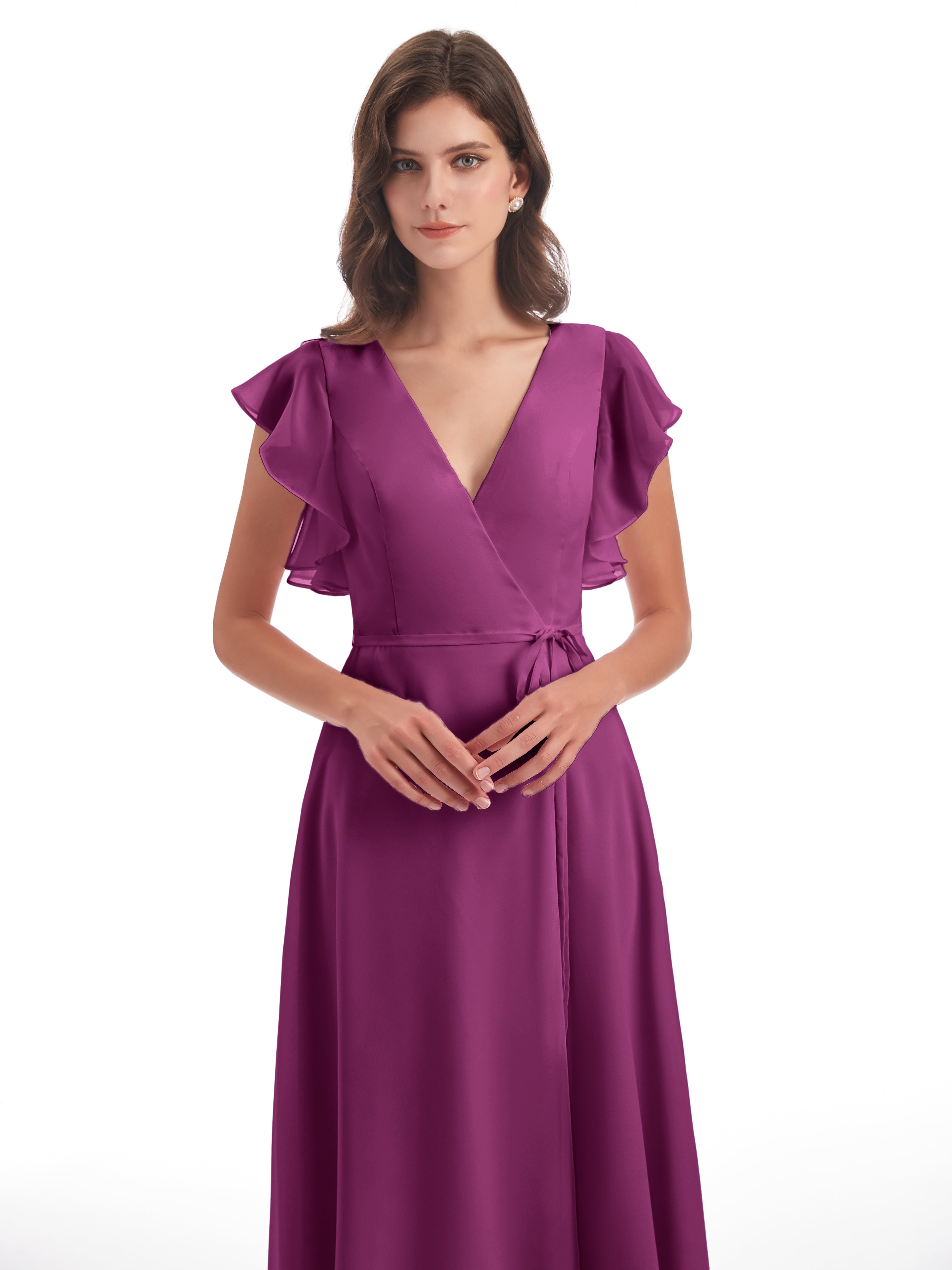 Robes De Demoiselle D'Honneur Orchidée Fendue Devant Col V Robes Demoiselle D'Honneur