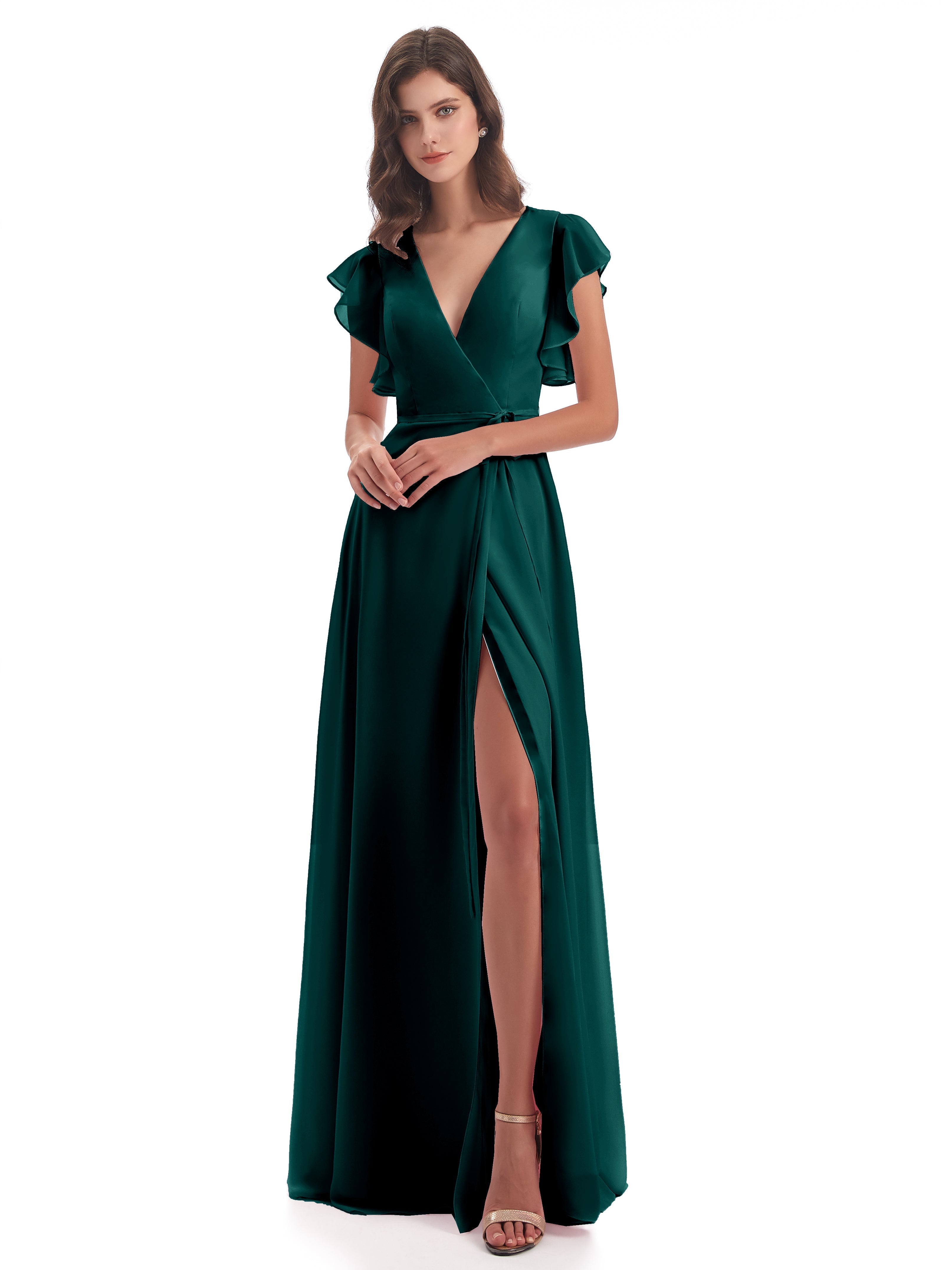Robes De Demoiselle D'Honneur Couleur Paon Bon Marché Fendue Devant Col V Robes Demoiselle D'Honneur