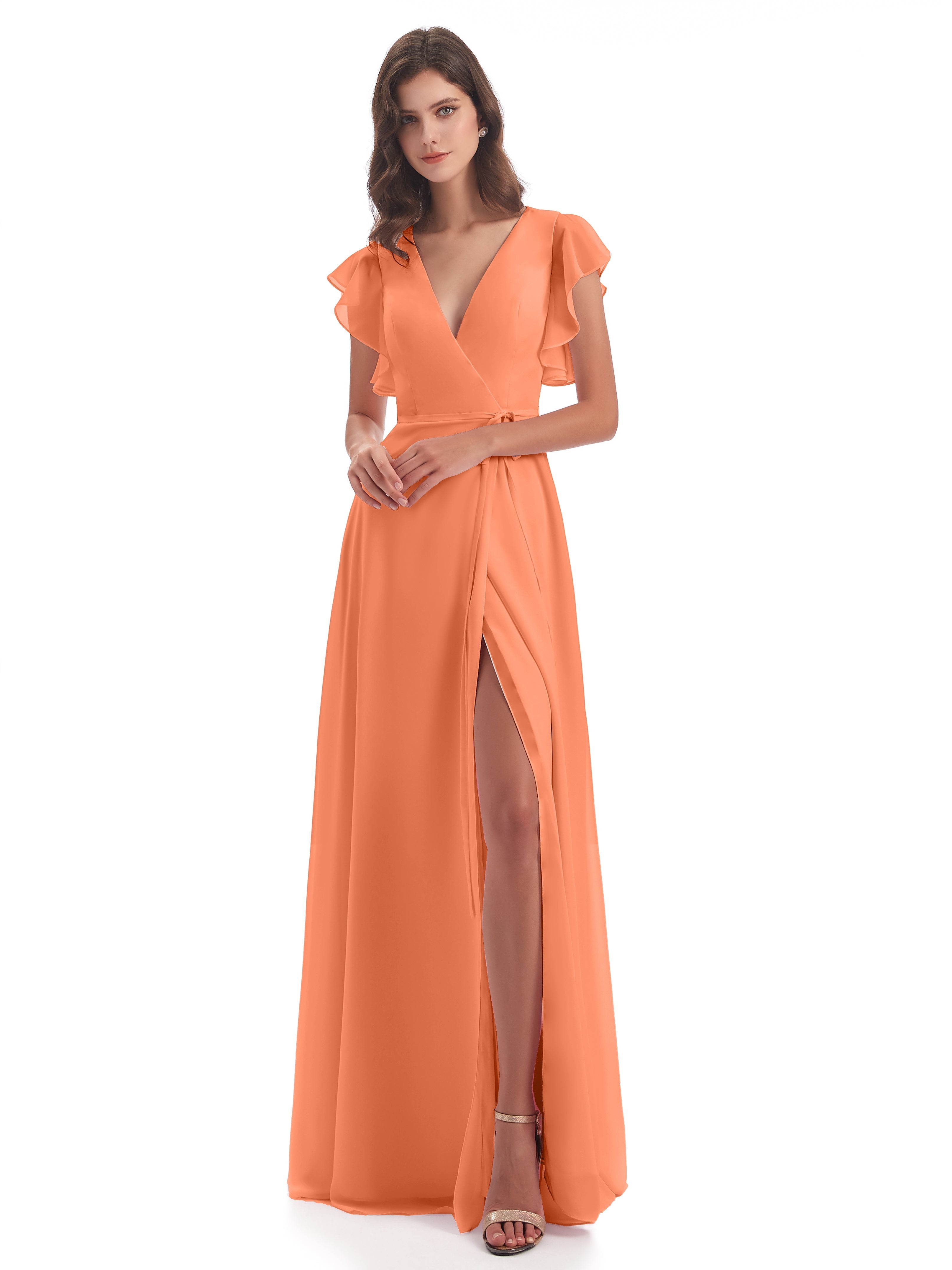 Robes De Demoiselle D'Honneur Papaye Fendue Devant Col V Robes Demoiselle D'Honneur