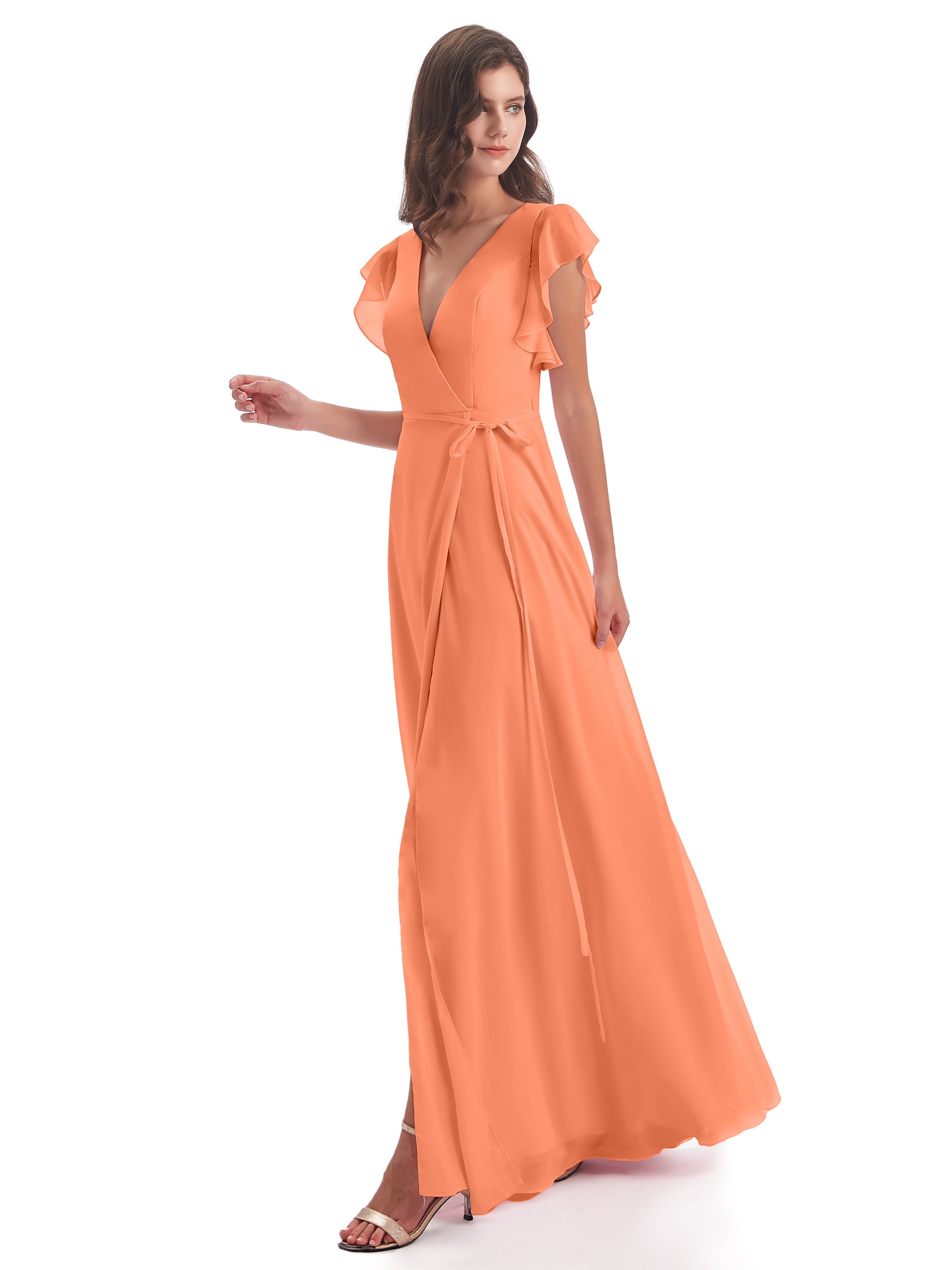 Robes De Demoiselle D'Honneur Papaye Fendue Devant Col V Robes Demoiselle D'Honneur