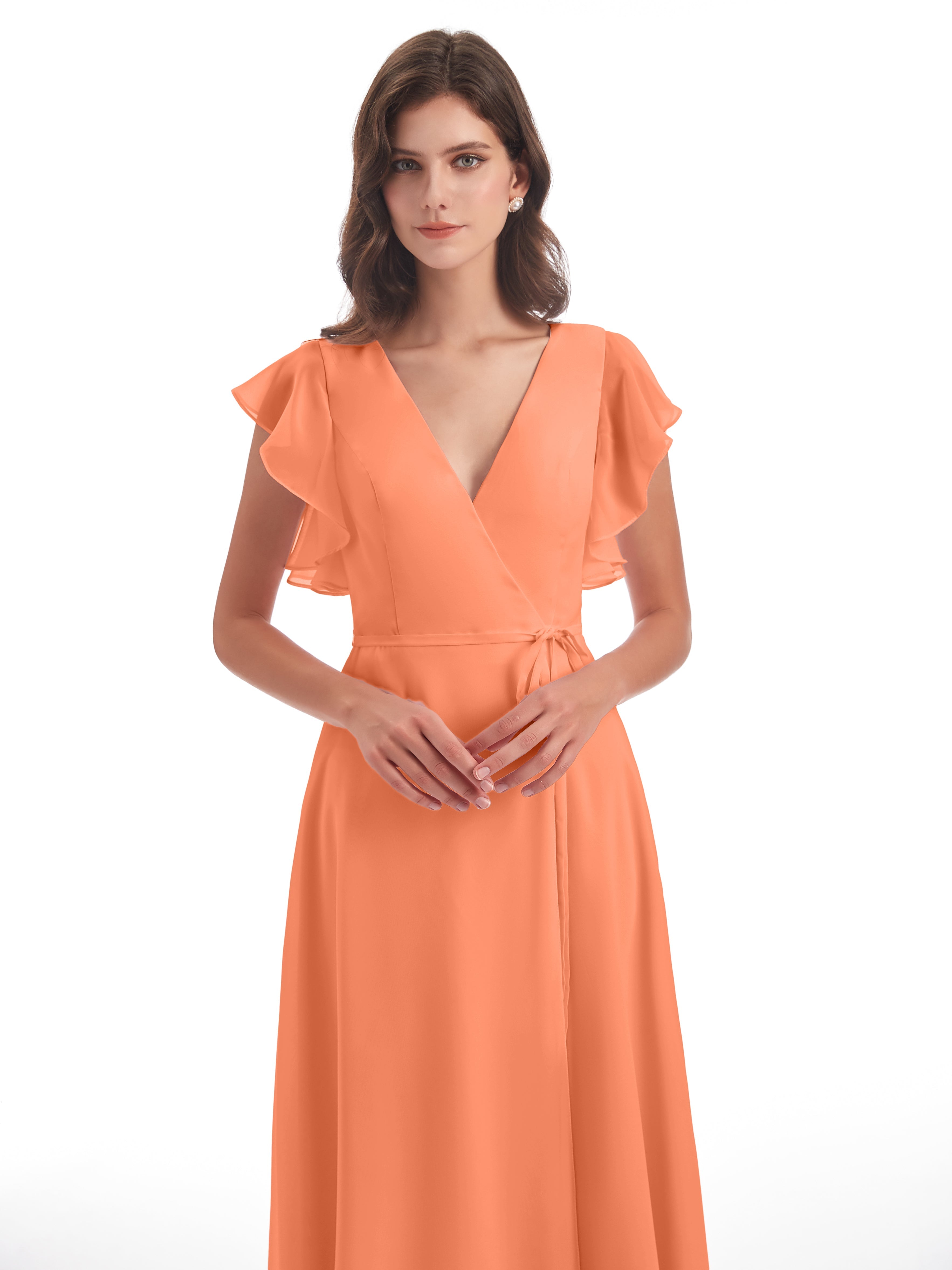 Robes De Demoiselle D'Honneur Papaye Fendue Devant Col V Robes Demoiselle D'Honneur