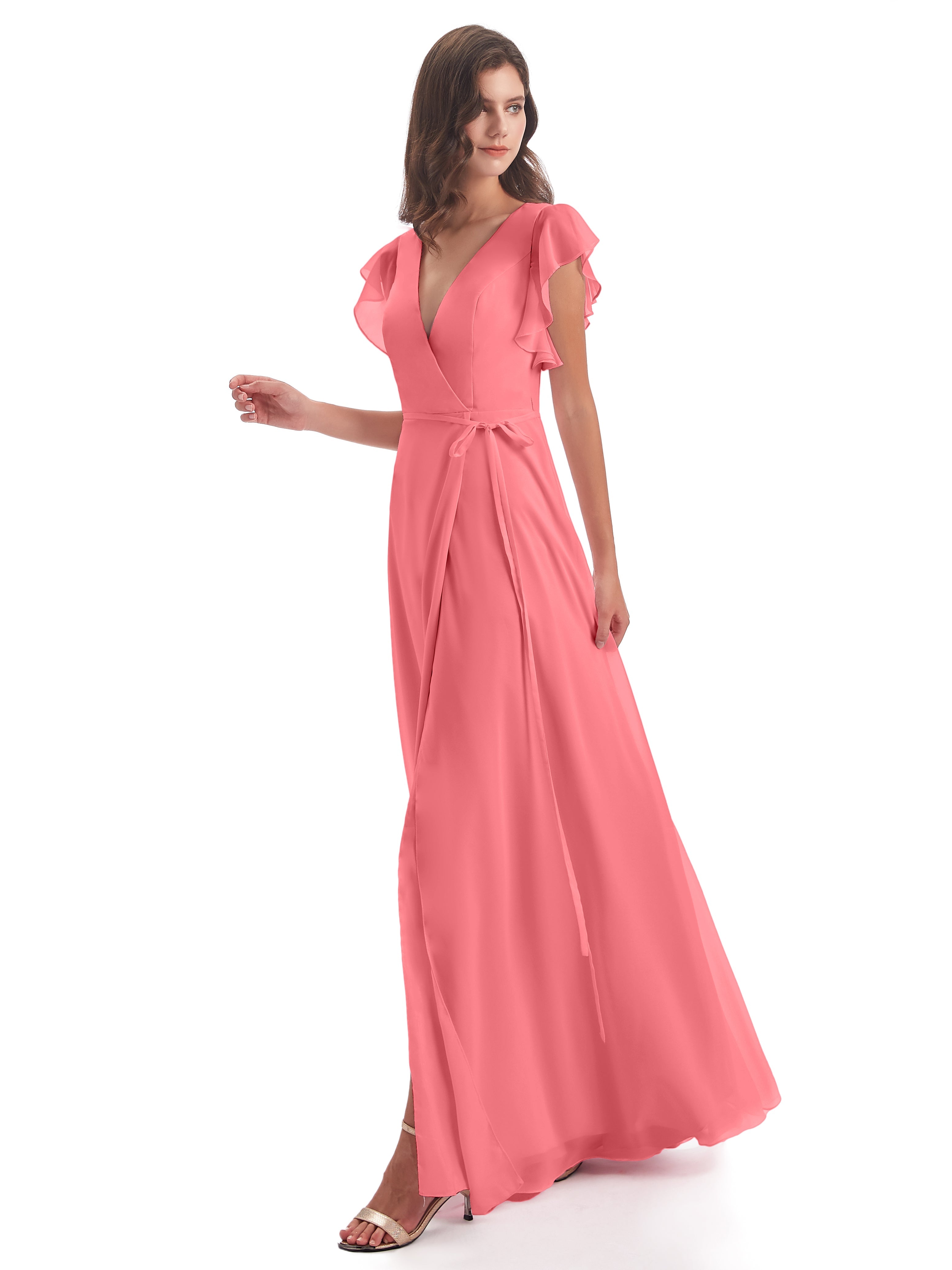 Robes De Demoiselle D'Honneur Pastèque Fendue Devant Col V Robes Demoiselle D'Honneur