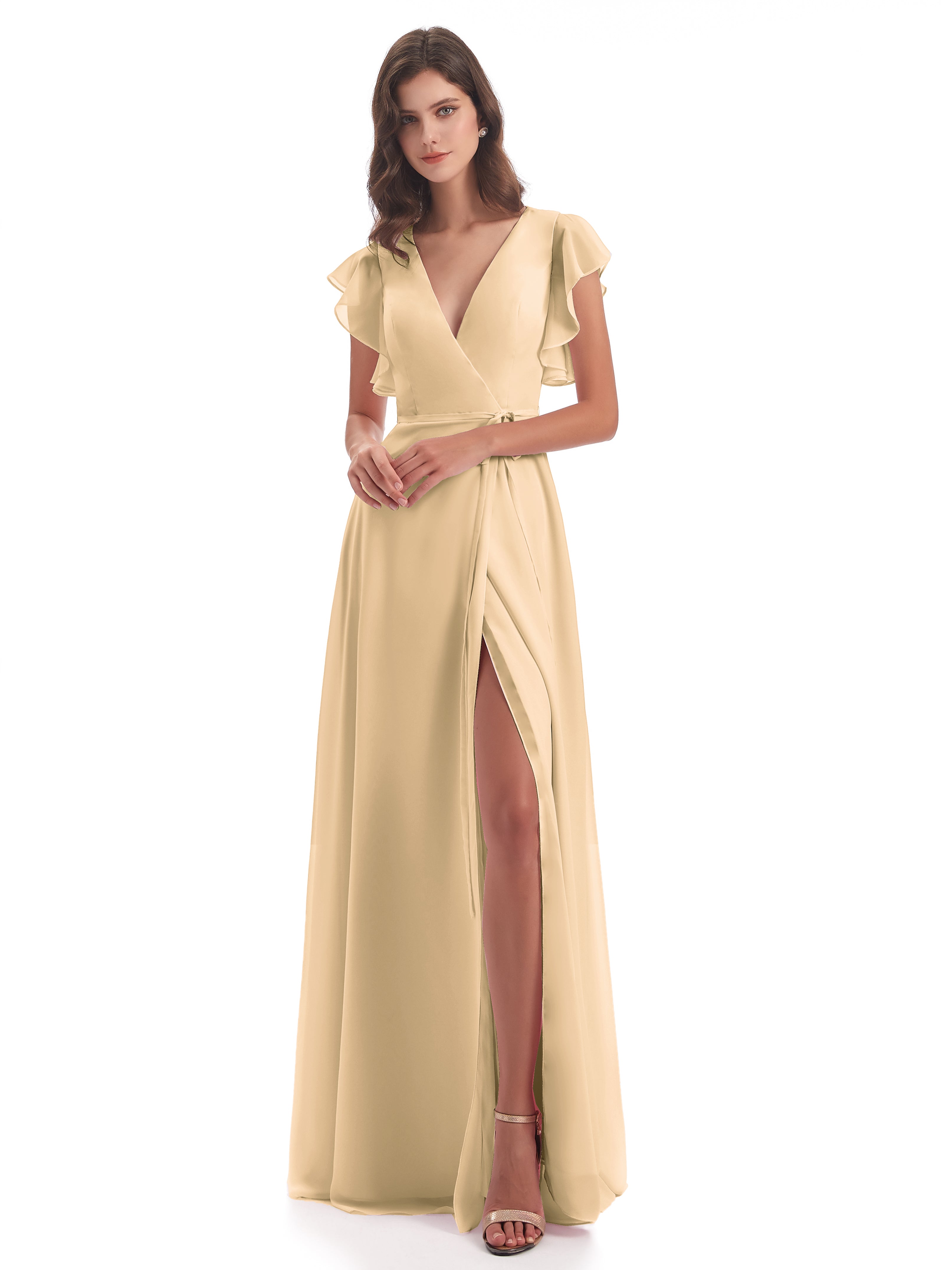 Robe Peche Demoiselle D Honneur Fendue Devant Col V Robes Demoiselle D'Honneur