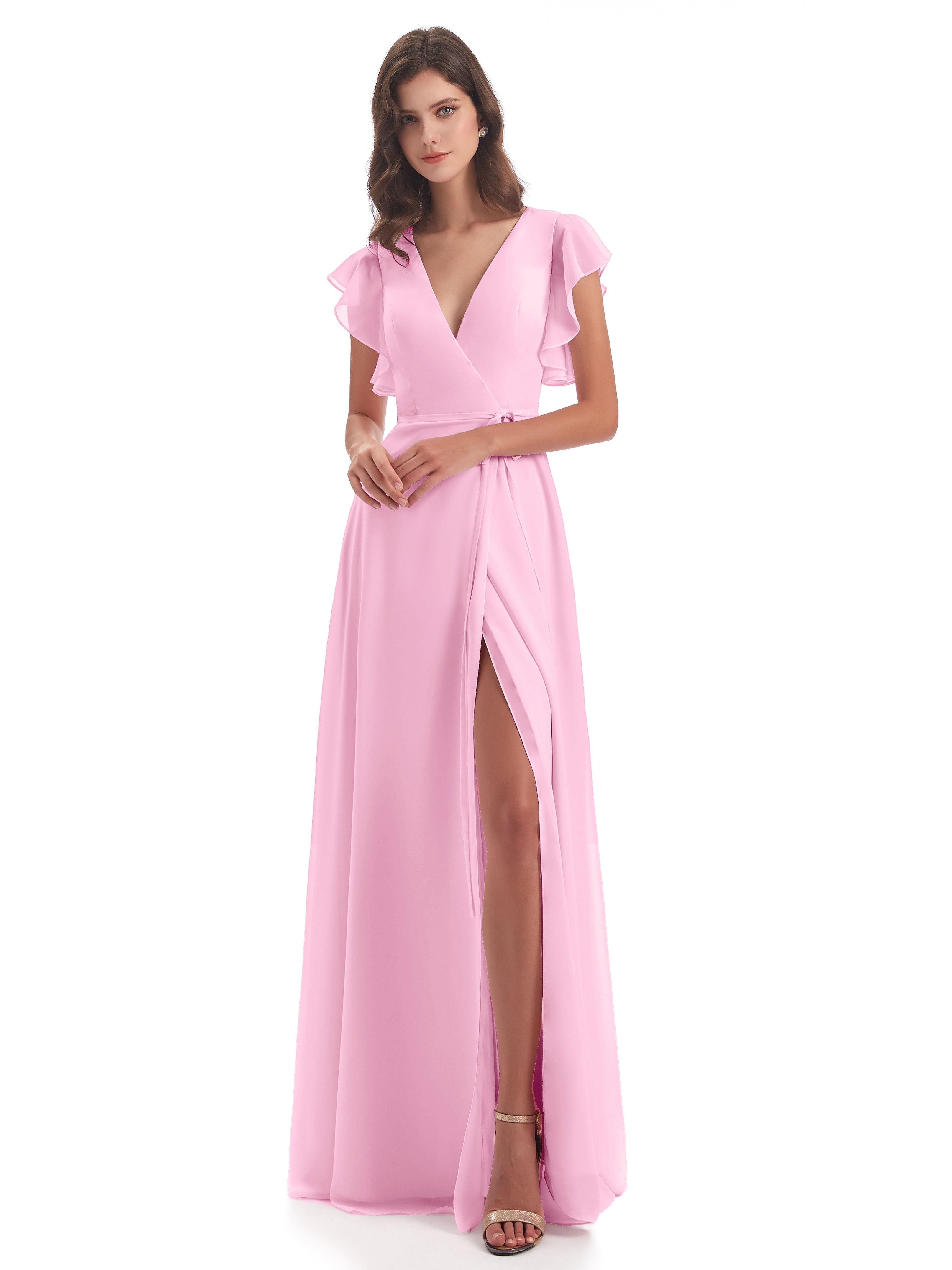 Robe Demoiselle D Honneur Rose Bonbon Fendue Devant Col V Robes Demoiselle D'Honneur