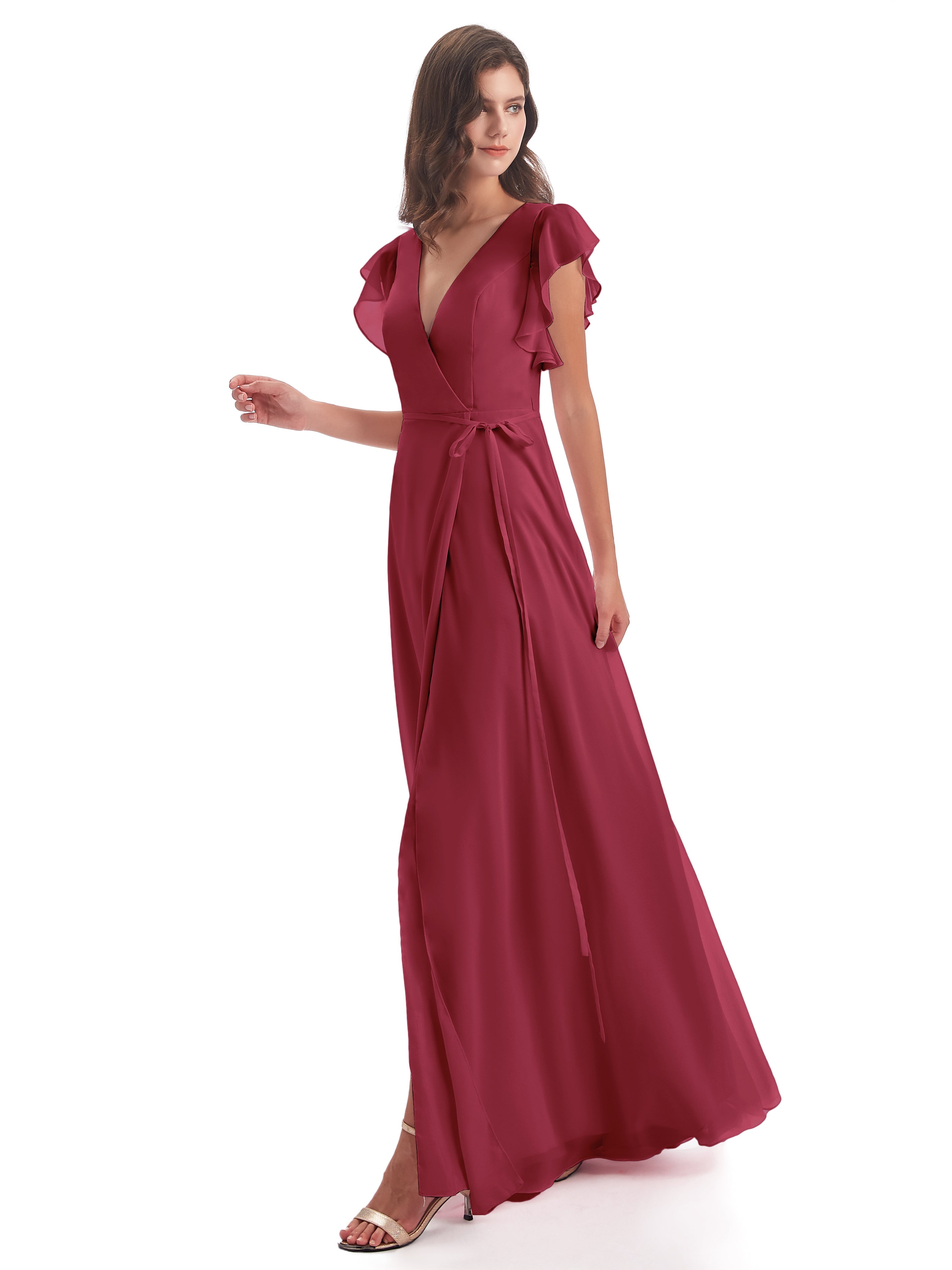 Robes De Demoiselle D'Honneur Rose Cannelle Fendue Devant Col V Robes Demoiselle D'Honneur