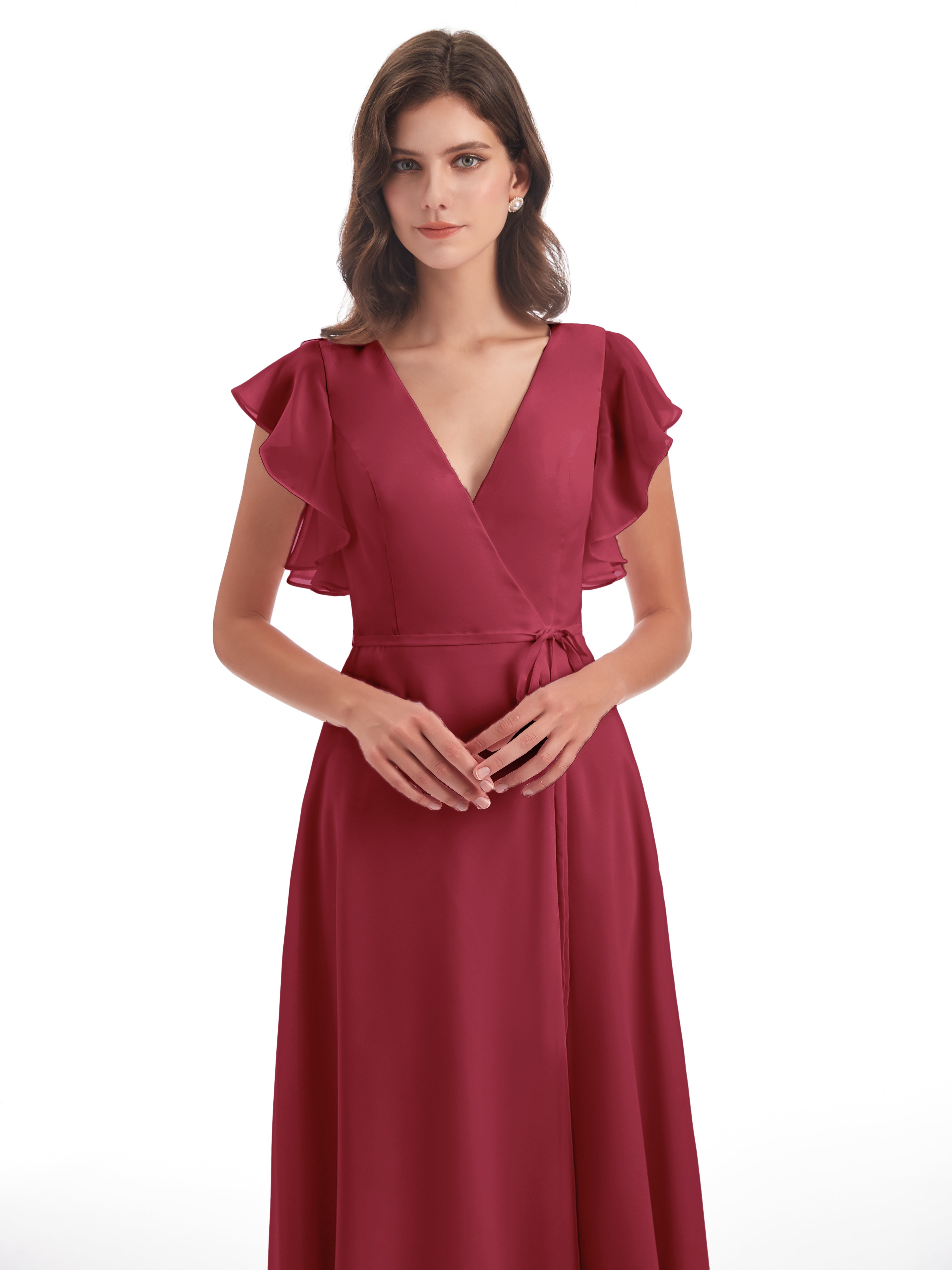 Robes De Demoiselle D'Honneur Rose Cannelle Fendue Devant Col V Robes Demoiselle D'Honneur