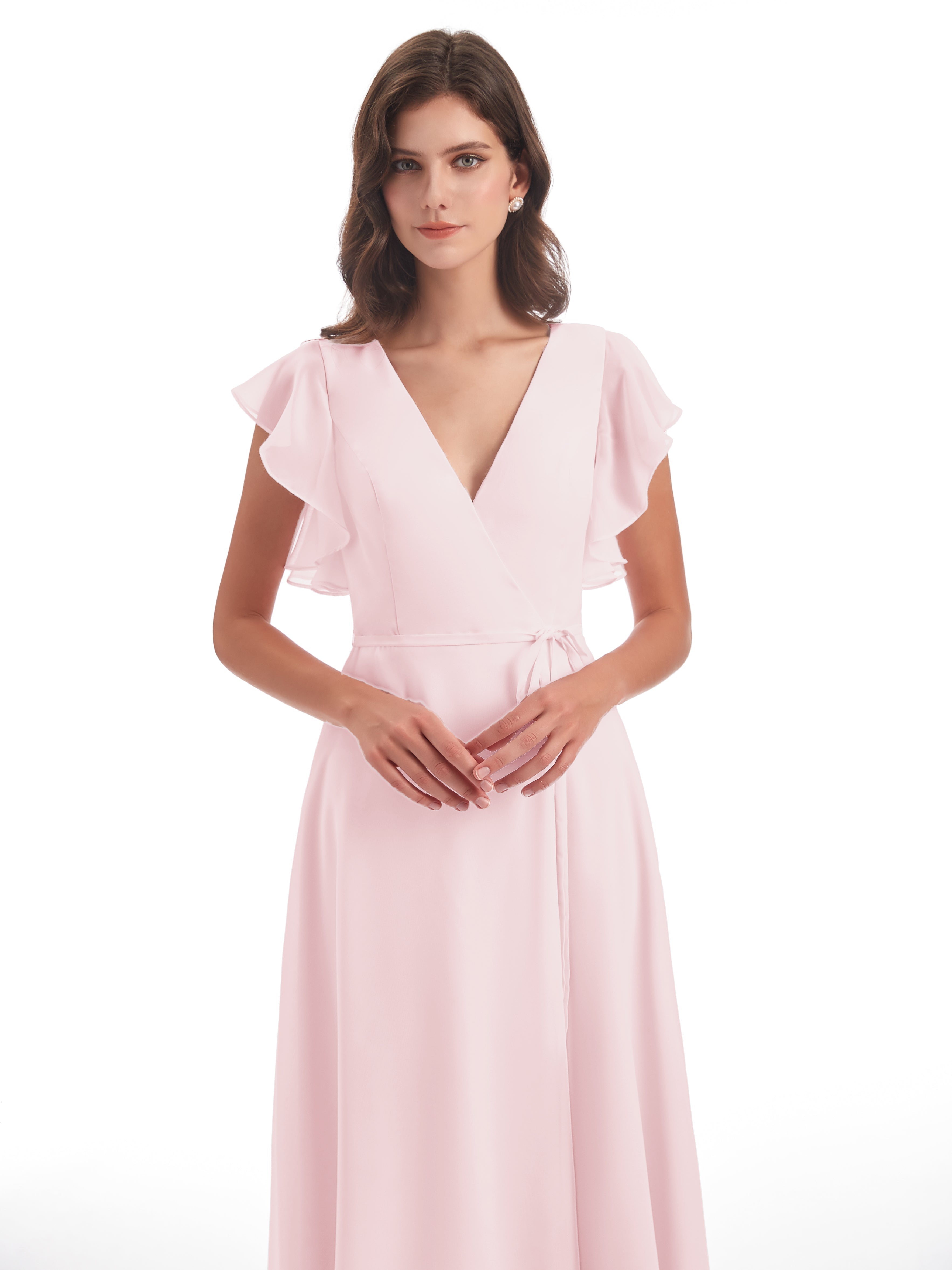 Robes De Demoiselle D'Honneur Rose Pale Fendue Devant Col V Robes Demoiselle D'Honneur