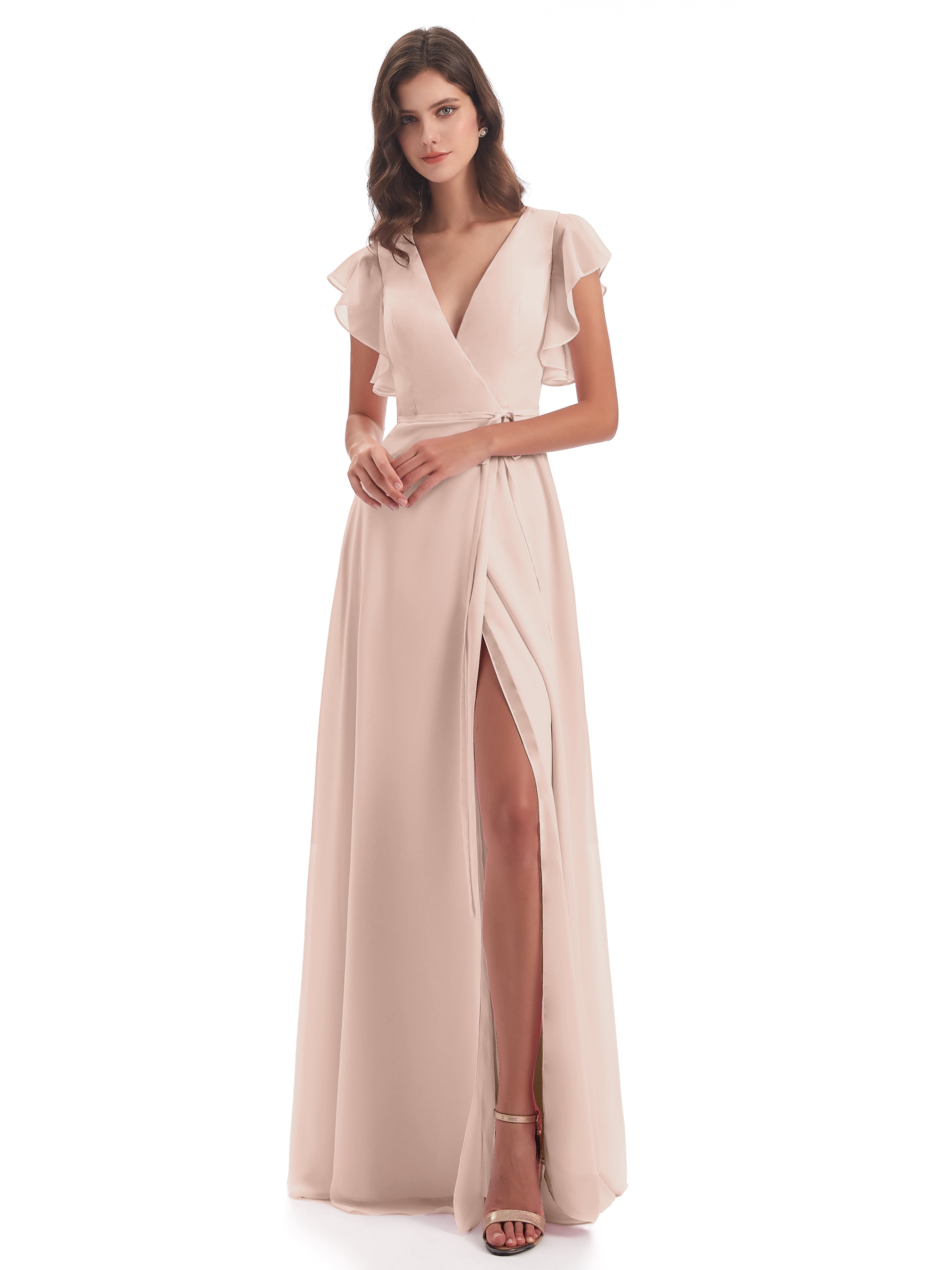 Robe Demoiselle D Honneur Rose Perle Fendue Devant Col V Robes Demoiselle D'Honneur