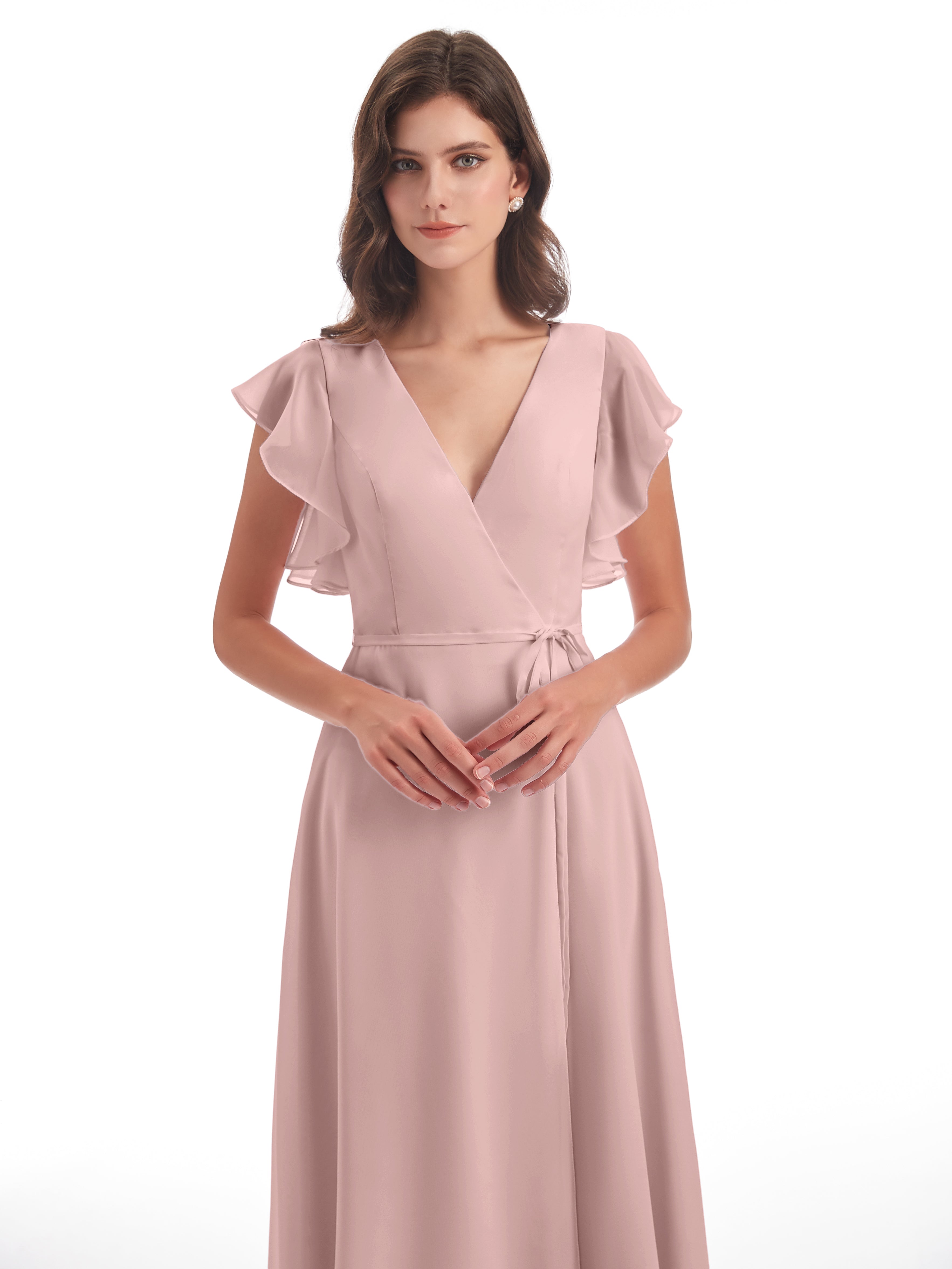 Robe Demoiselle D Honneur Rose Poudree Fendue Devant Col V Robes Demoiselle D'Honneur