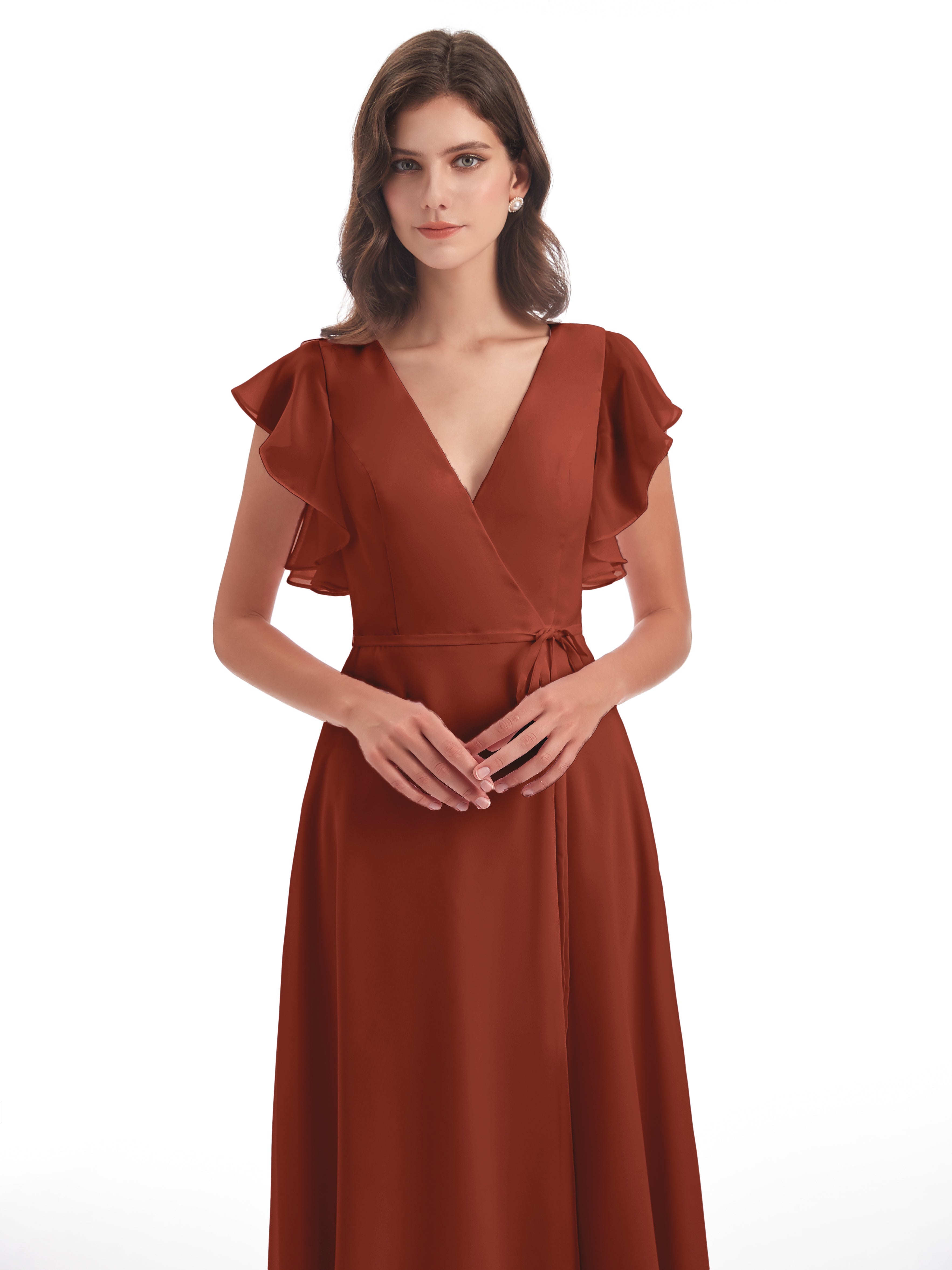 Robe De Demoiselle D'Honneur Rouille Fendue Devant Col V Robes Demoiselle D'Honneur