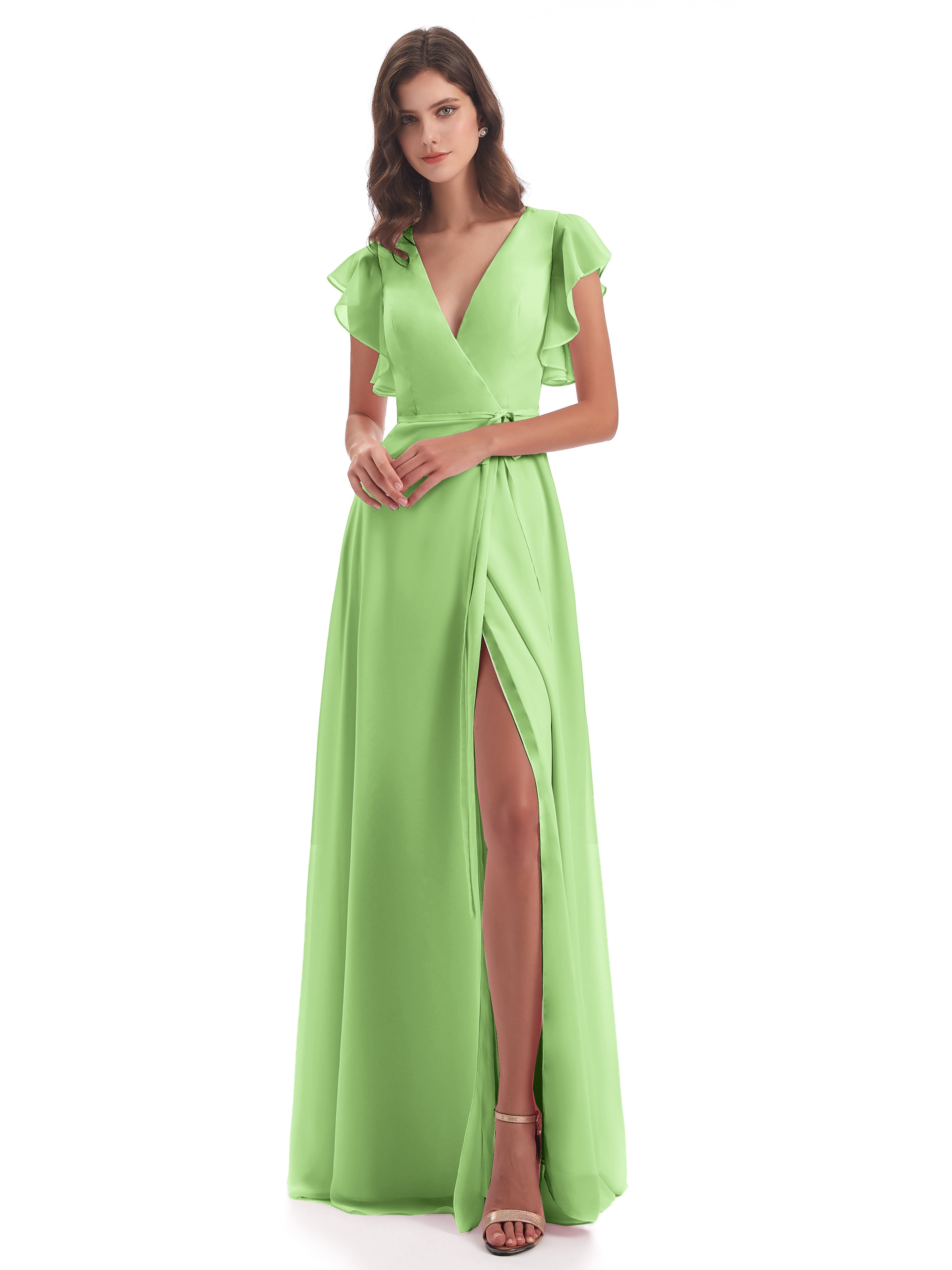 Robe Longue Demoiselle D Honneur Vert Sauge Fendue Devant Col V Robes Demoiselle D'Honneur