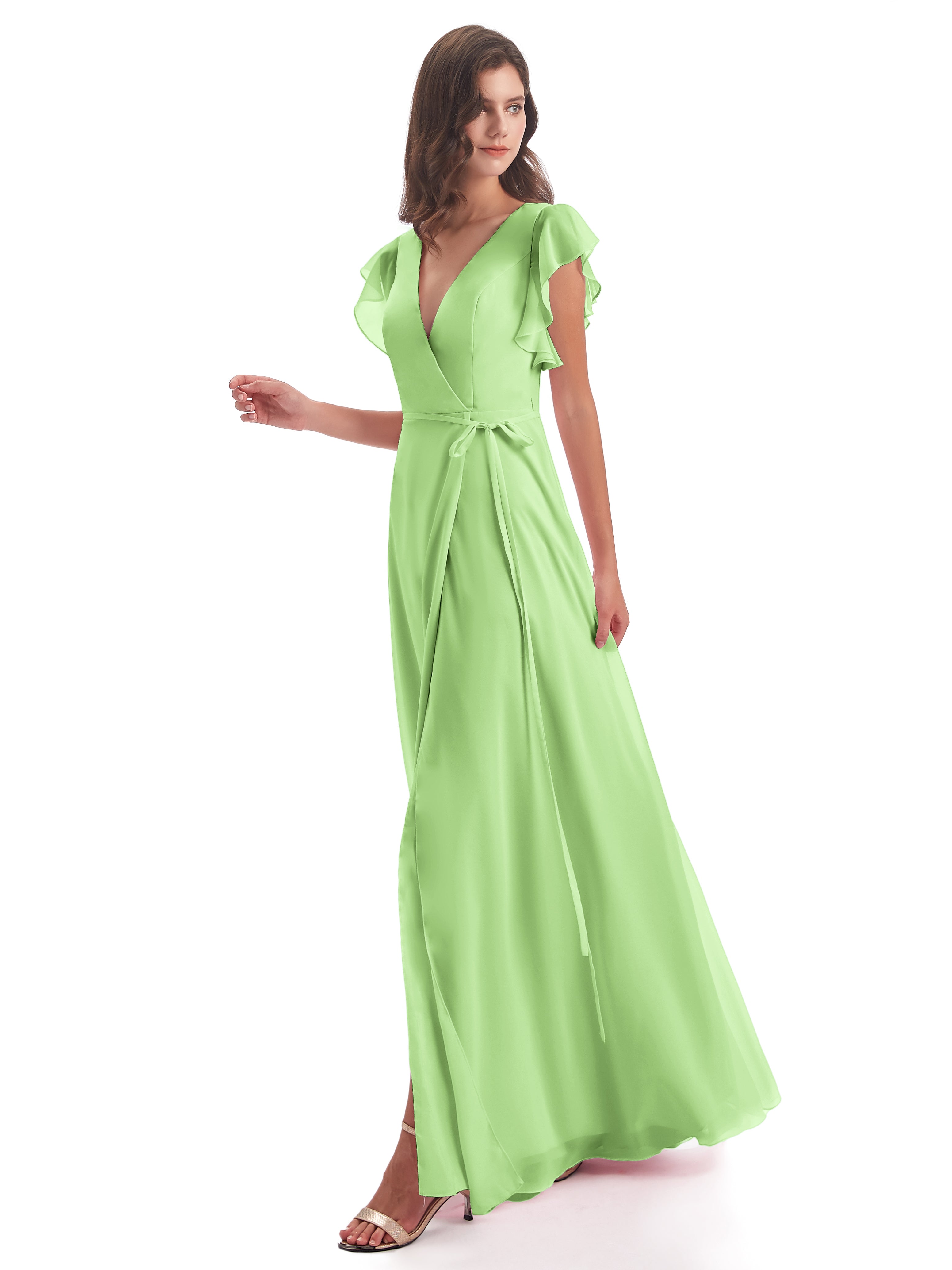 Robe Longue Demoiselle D Honneur Vert Sauge Fendue Devant Col V Robes Demoiselle D'Honneur