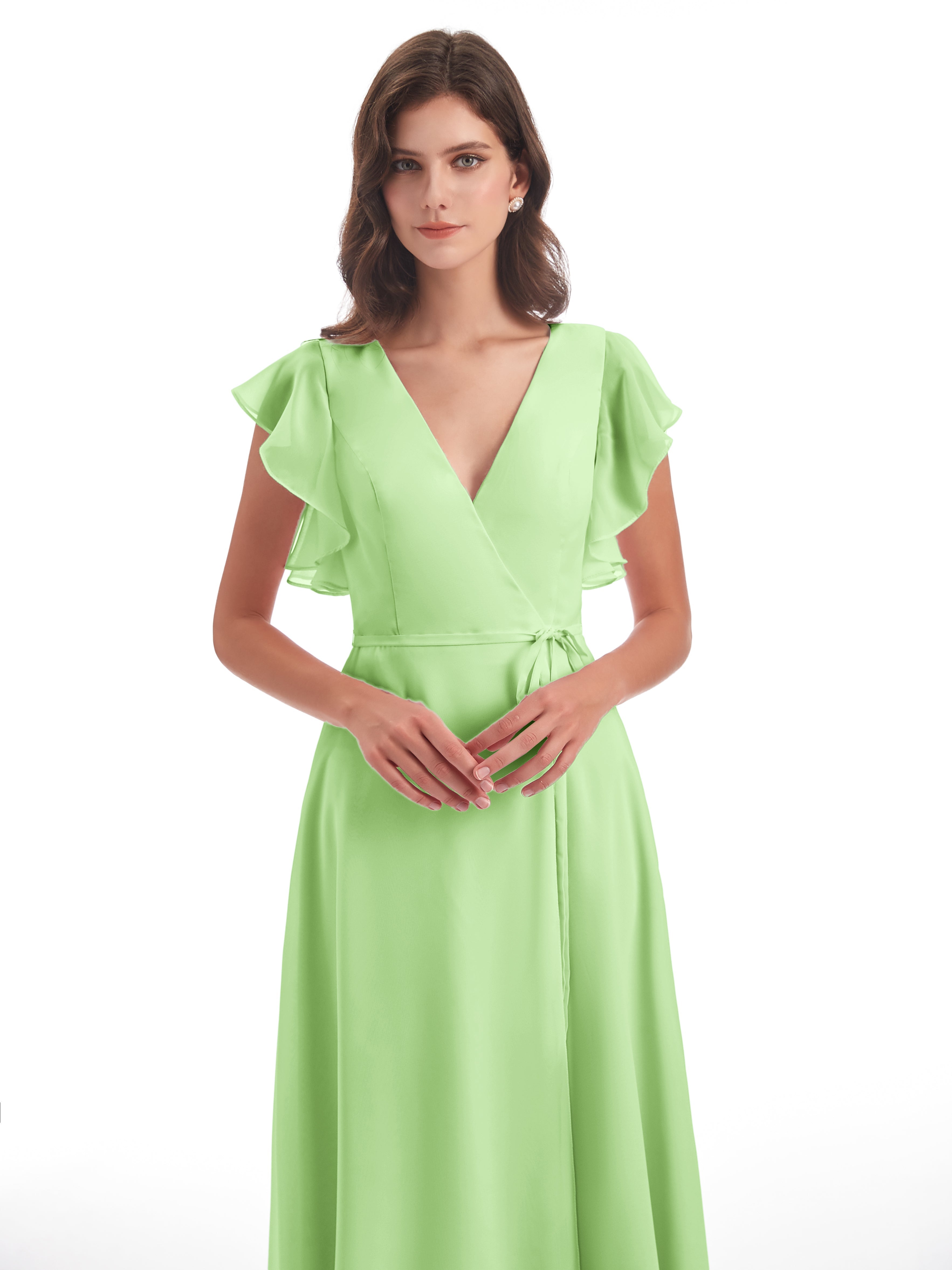 Robe Longue Demoiselle D Honneur Vert Sauge Fendue Devant Col V Robes Demoiselle D'Honneur
