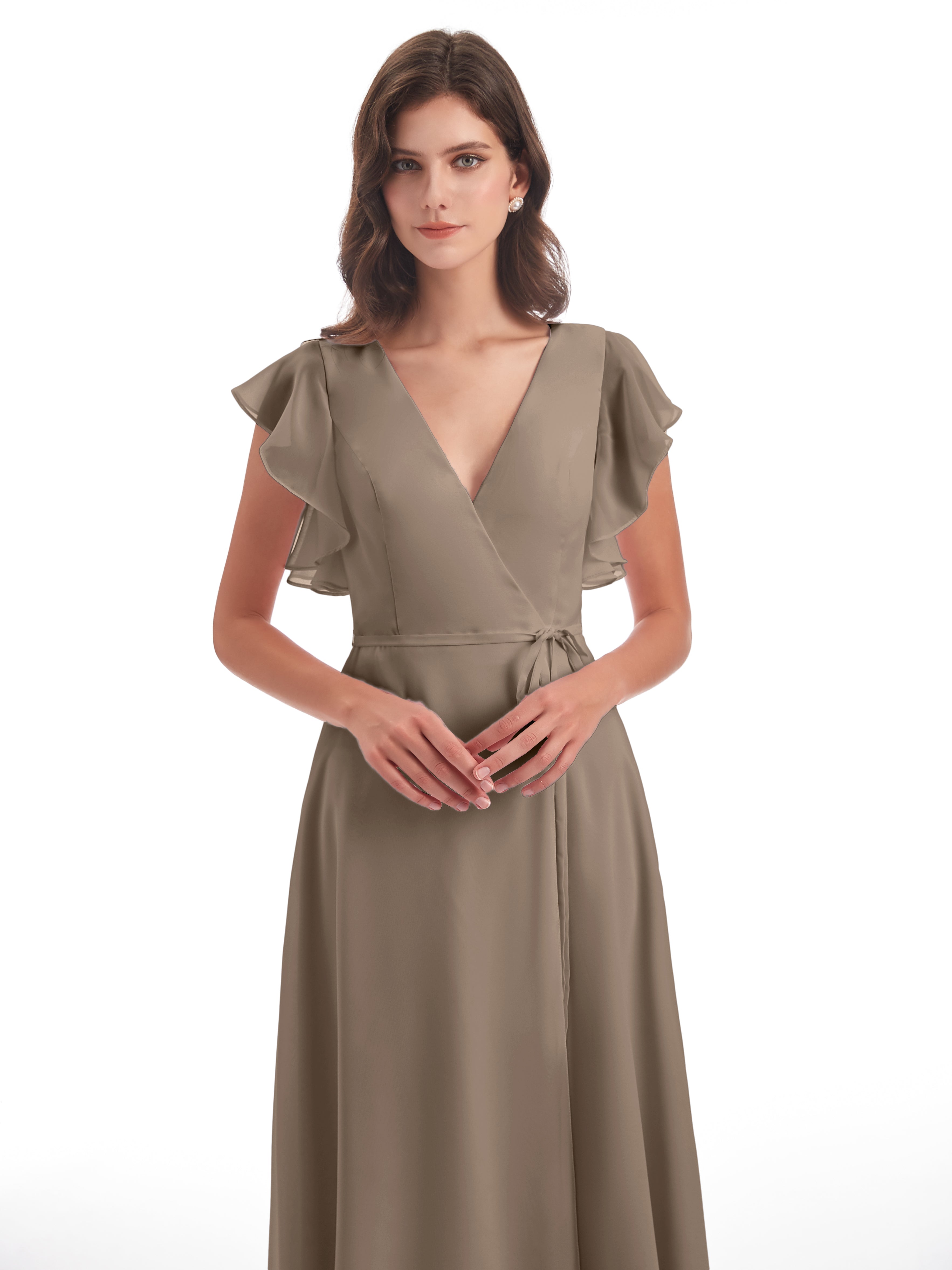 Robe Demoiselle D Honneur Taupe Fendue Devant Col V Robes Demoiselle D'Honneur