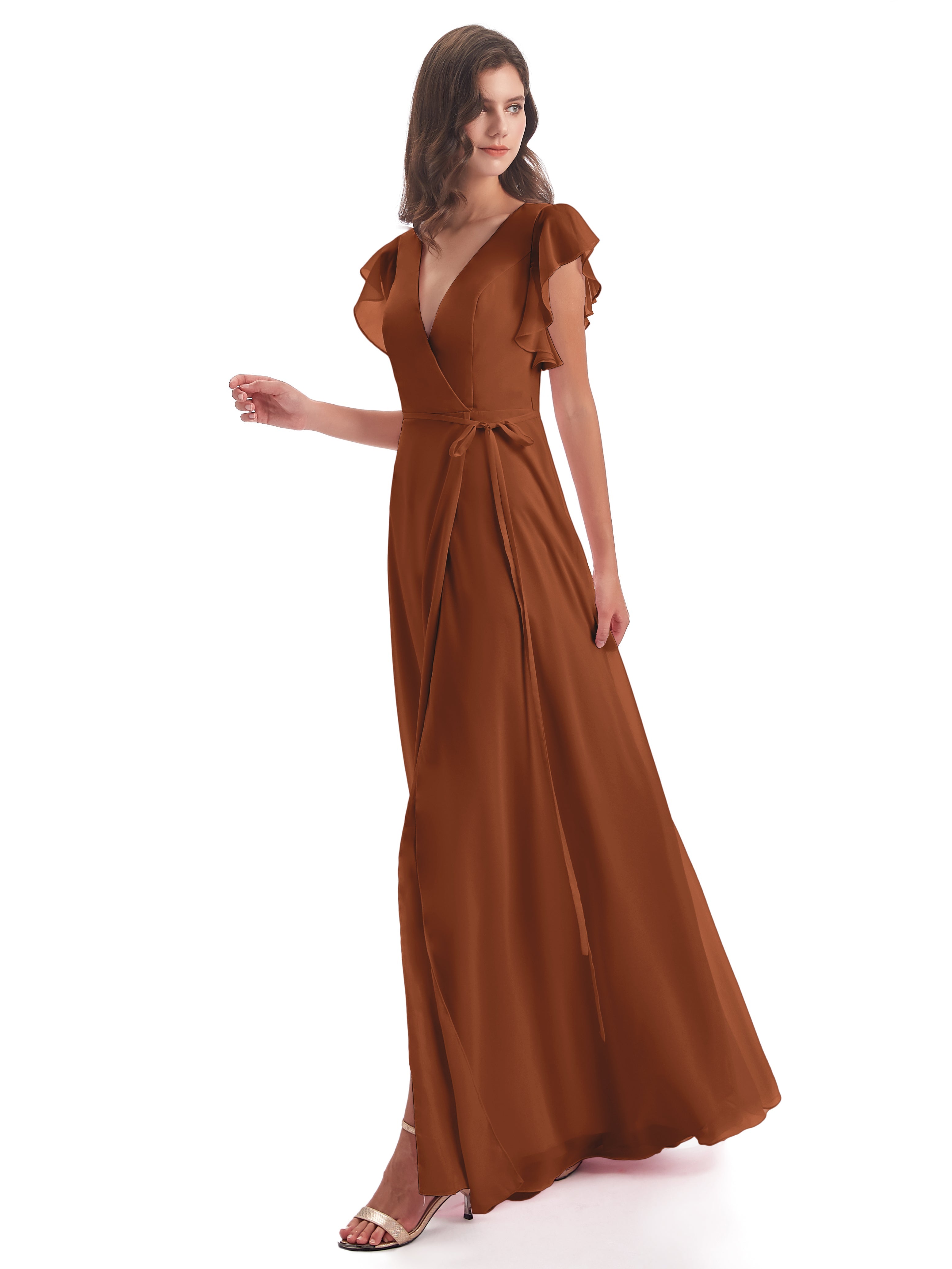 Demoiselle Robe Terracotta Mariage Fendue Devant Col V Robes Demoiselle D'Honneur