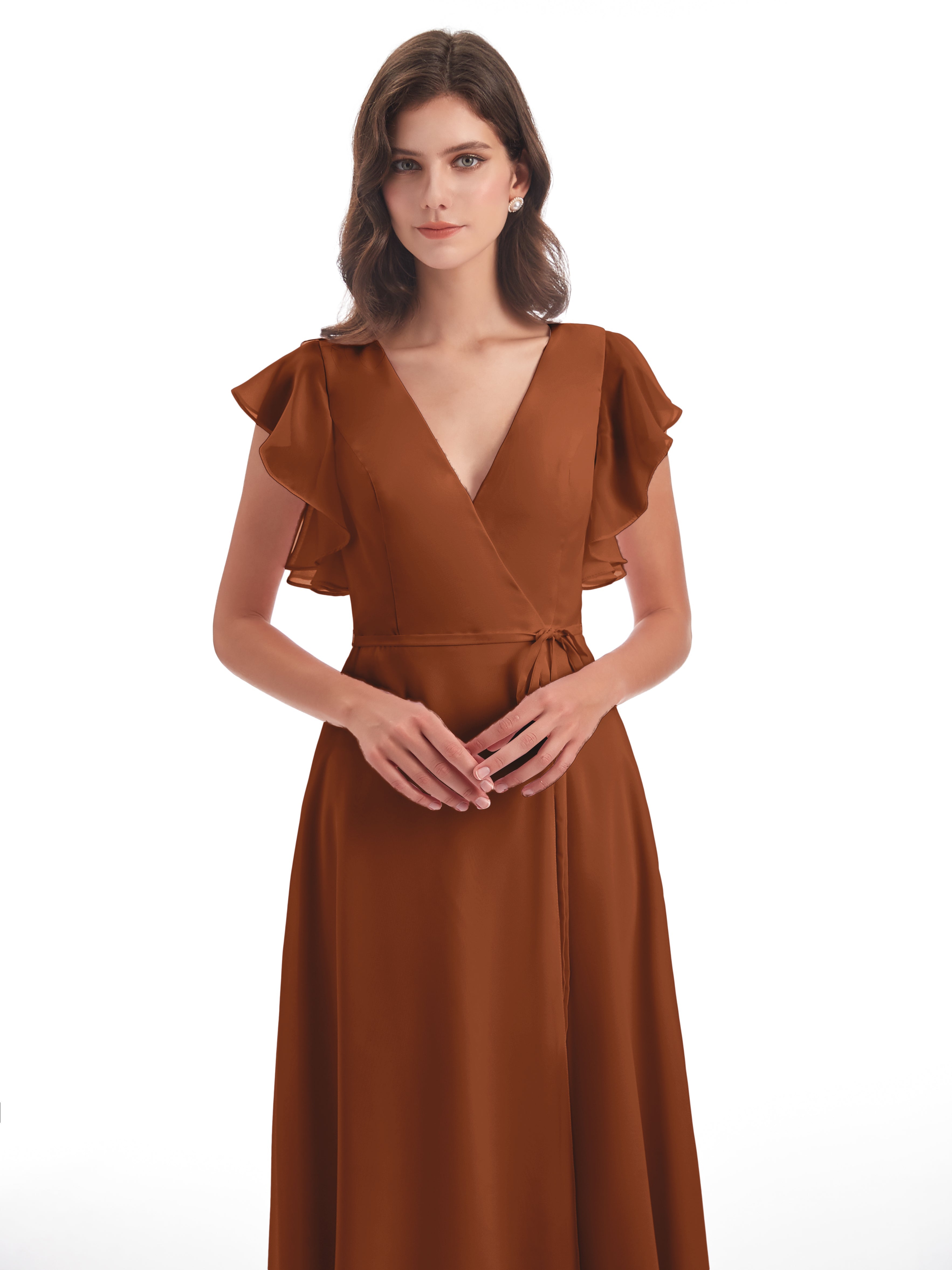 Demoiselle Robe Terracotta Mariage Fendue Devant Col V Robes Demoiselle D'Honneur