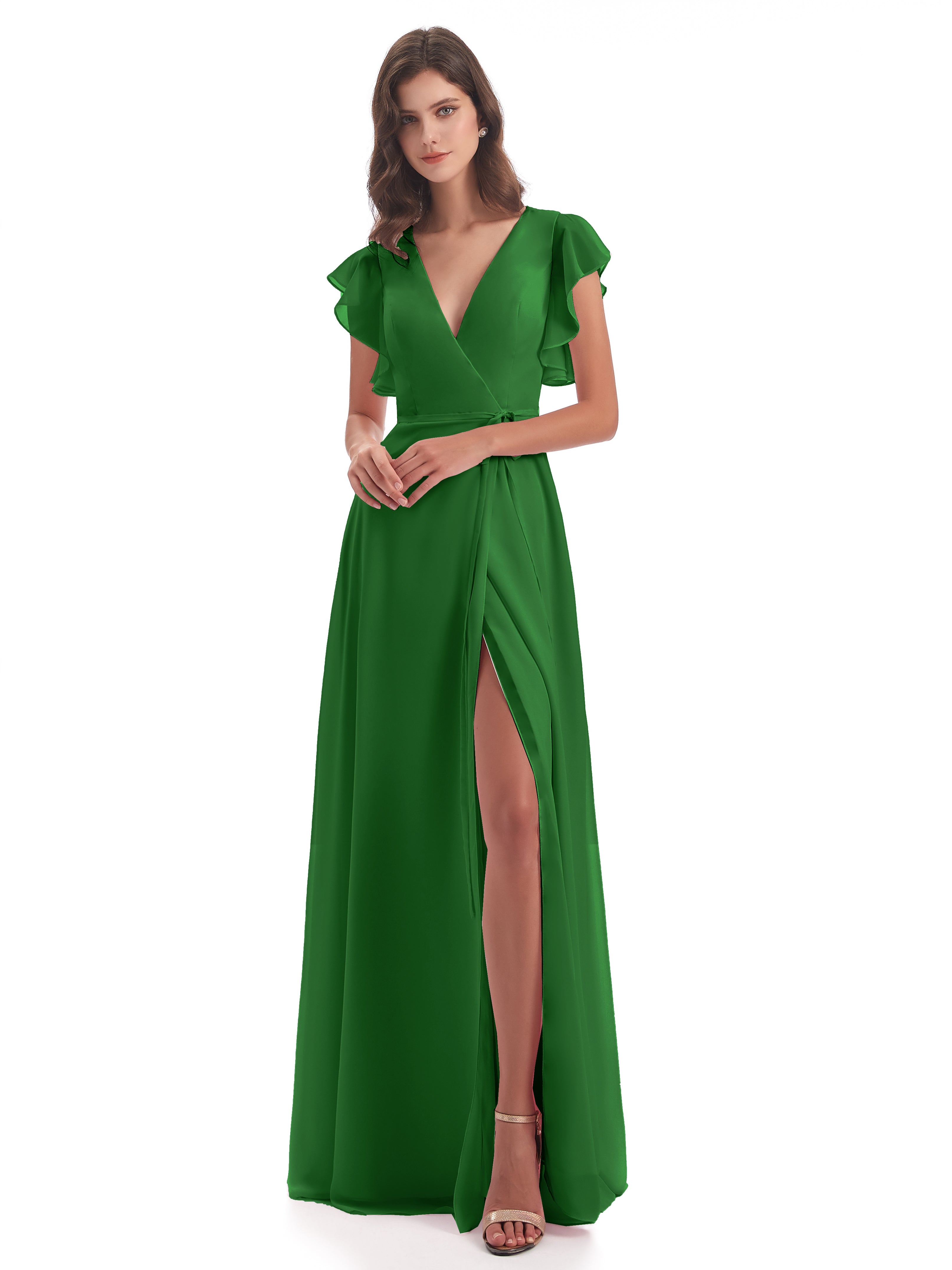 Robe Longue Verte Demoiselle D Honneur Fendue Devant Col V Robes Demoiselle D'Honneur