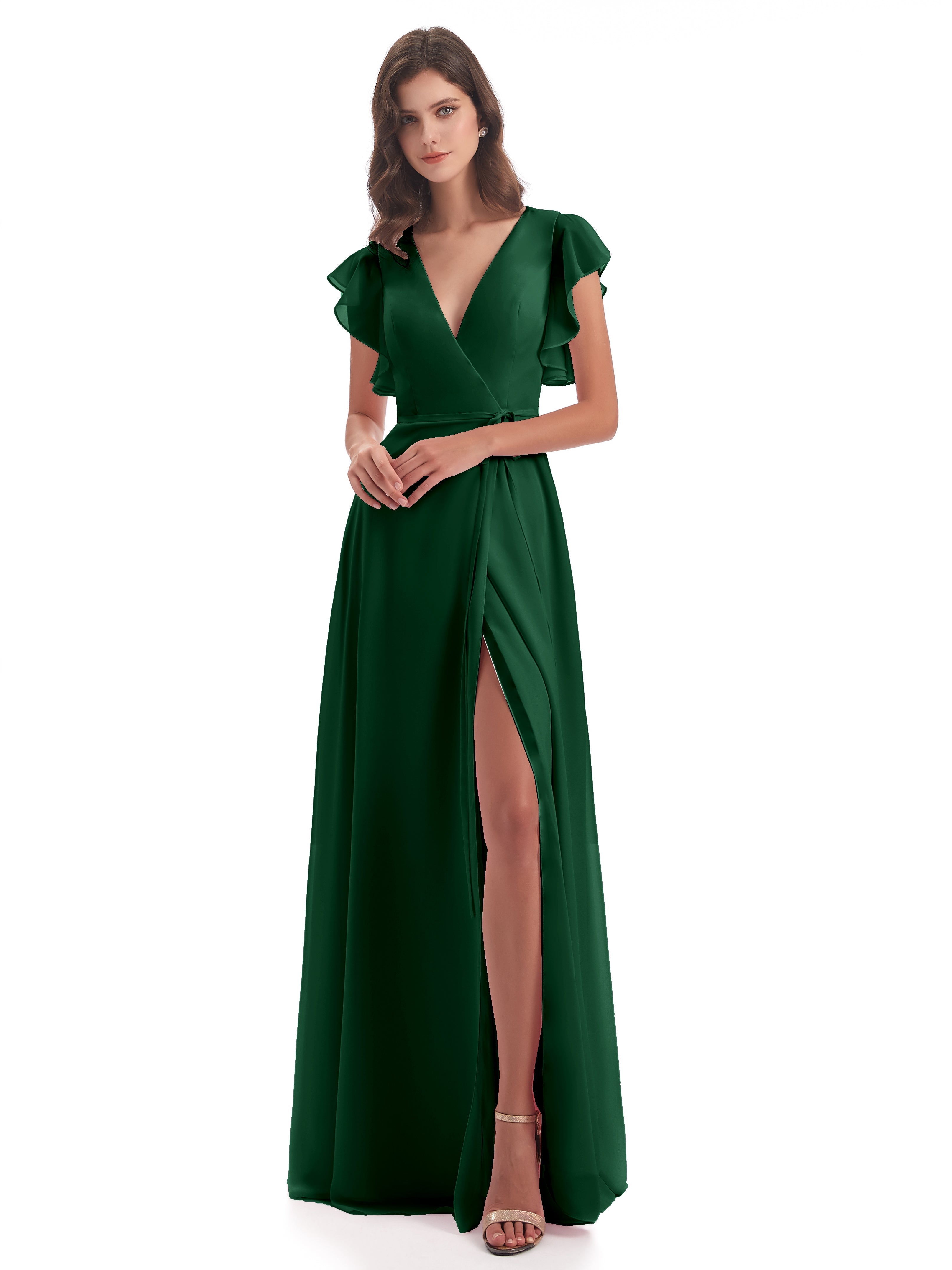 Robes De Demoiselle D'Honneur Vert Foncé Fendue Devant Col V Robes Demoiselle D'Honneur