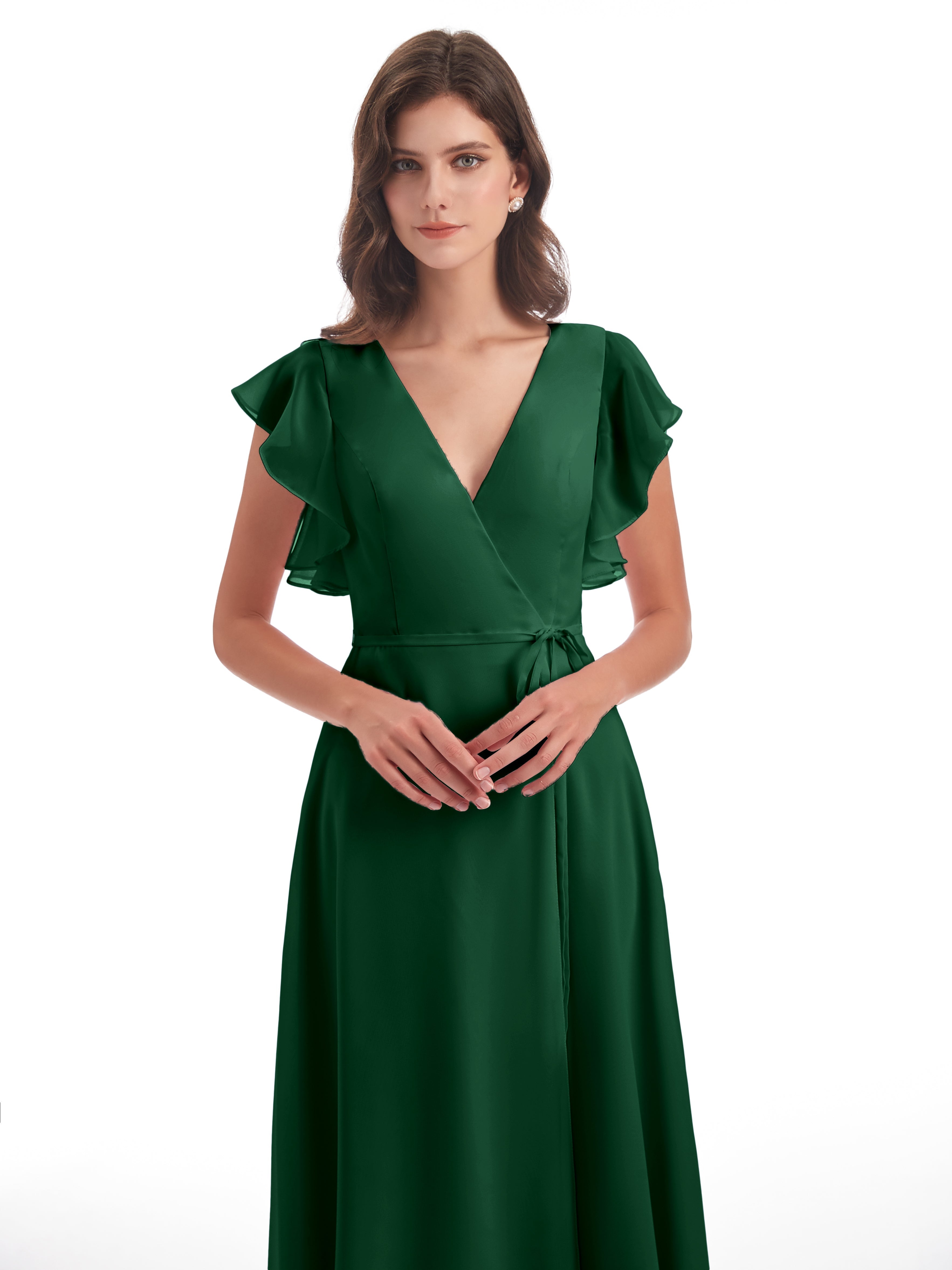 Robes De Demoiselle D'Honneur Vert Foncé Fendue Devant Col V Robes Demoiselle D'Honneur