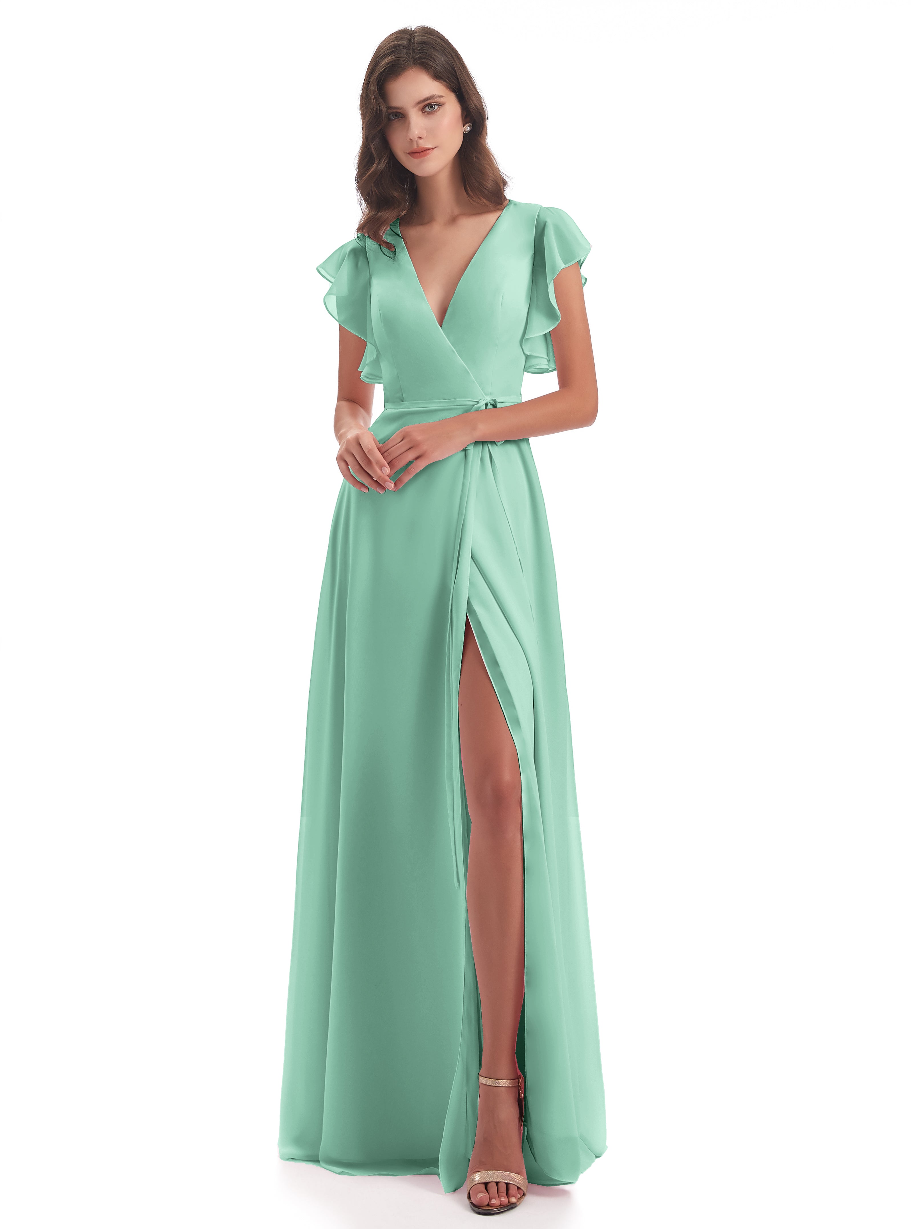 Robe Demoiselle D Honneur Vert Menthe Fendue Devant Col V Robes Demoiselle D'Honneur