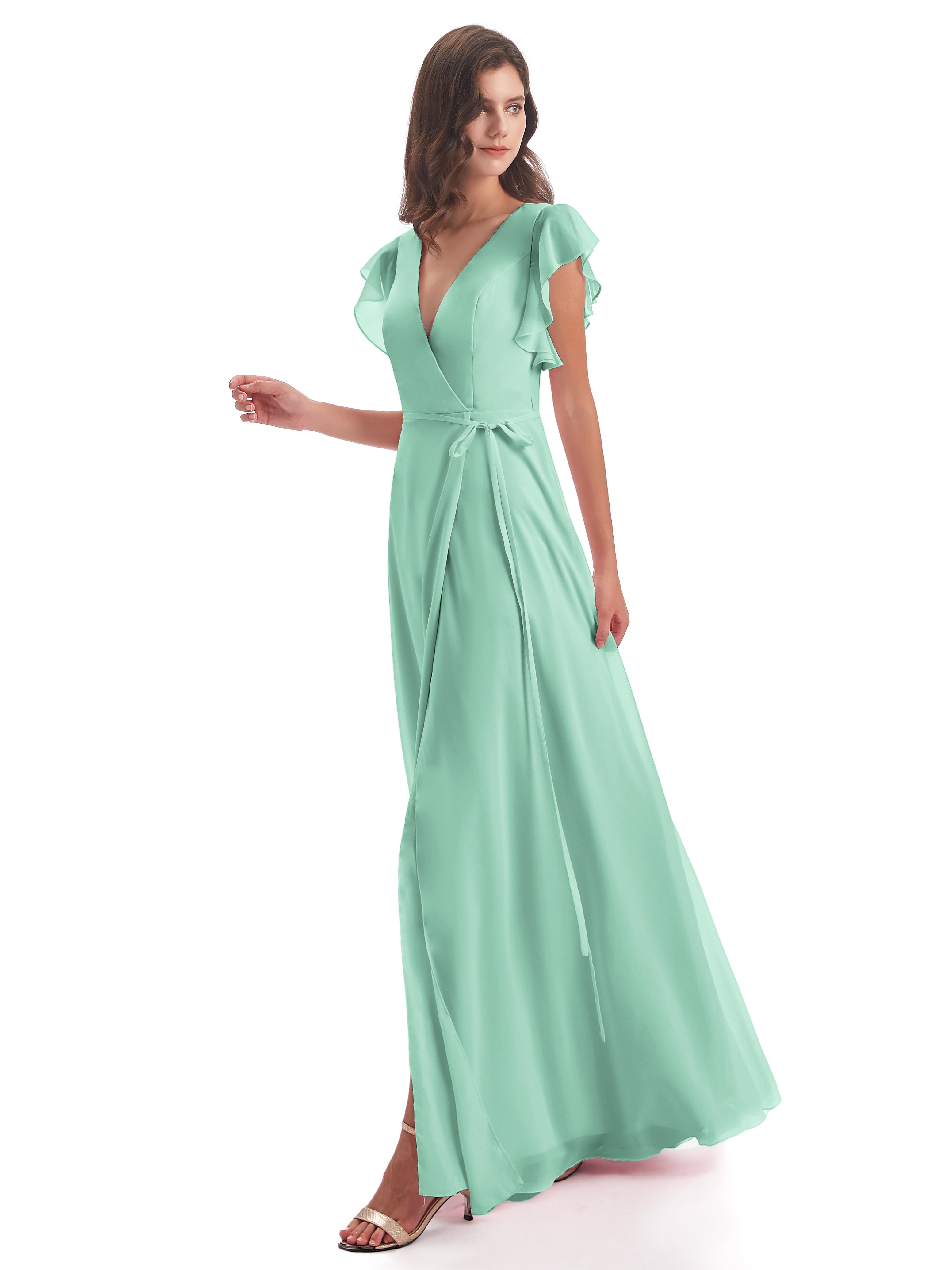 Robe Demoiselle D Honneur Vert Menthe Fendue Devant Col V Robes Demoiselle D'Honneur