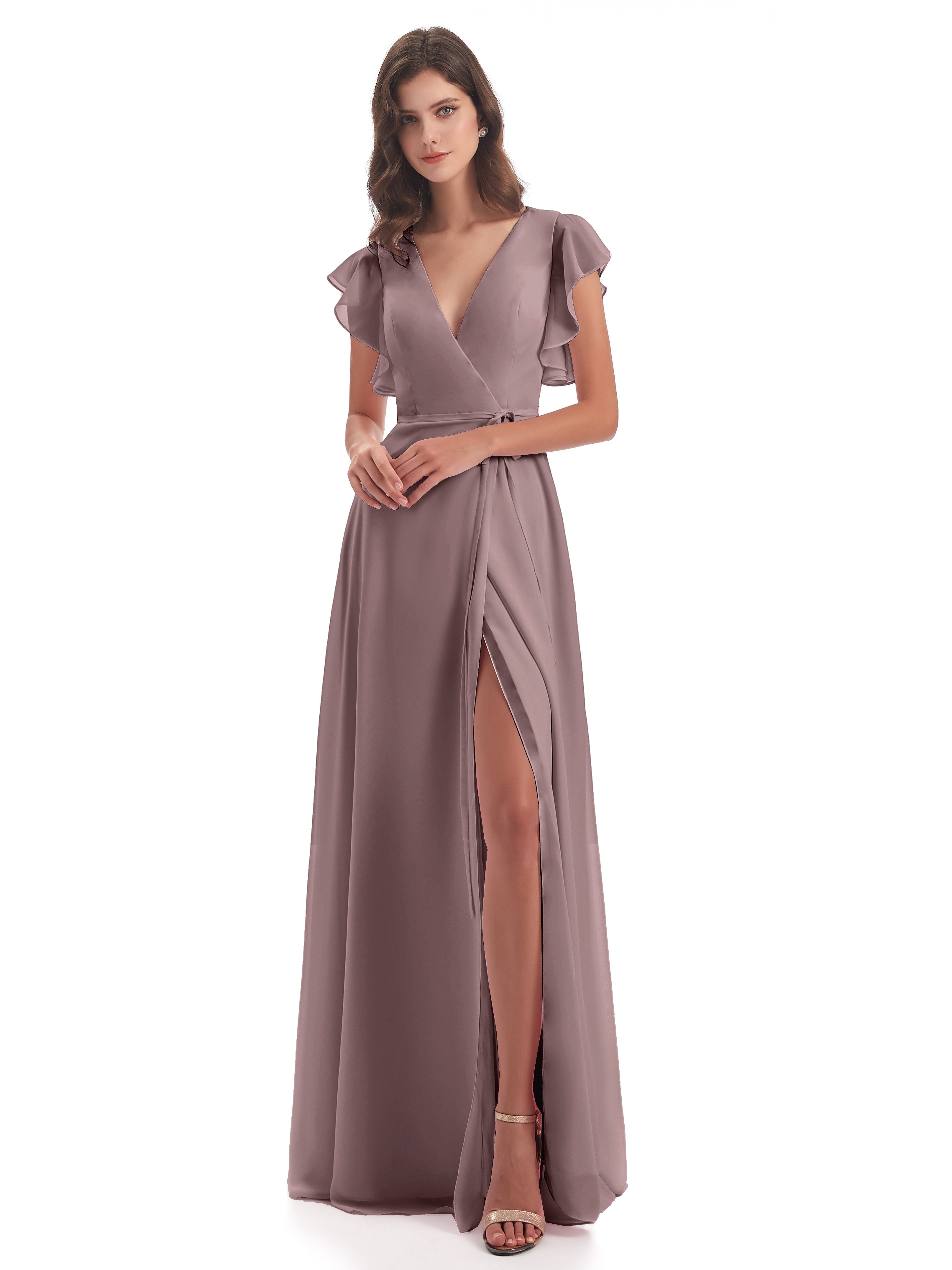 Robes De Demoiselle D'Honneur Mauve Foncé Fendue Devant Col V Robes Demoiselle D'Honneur