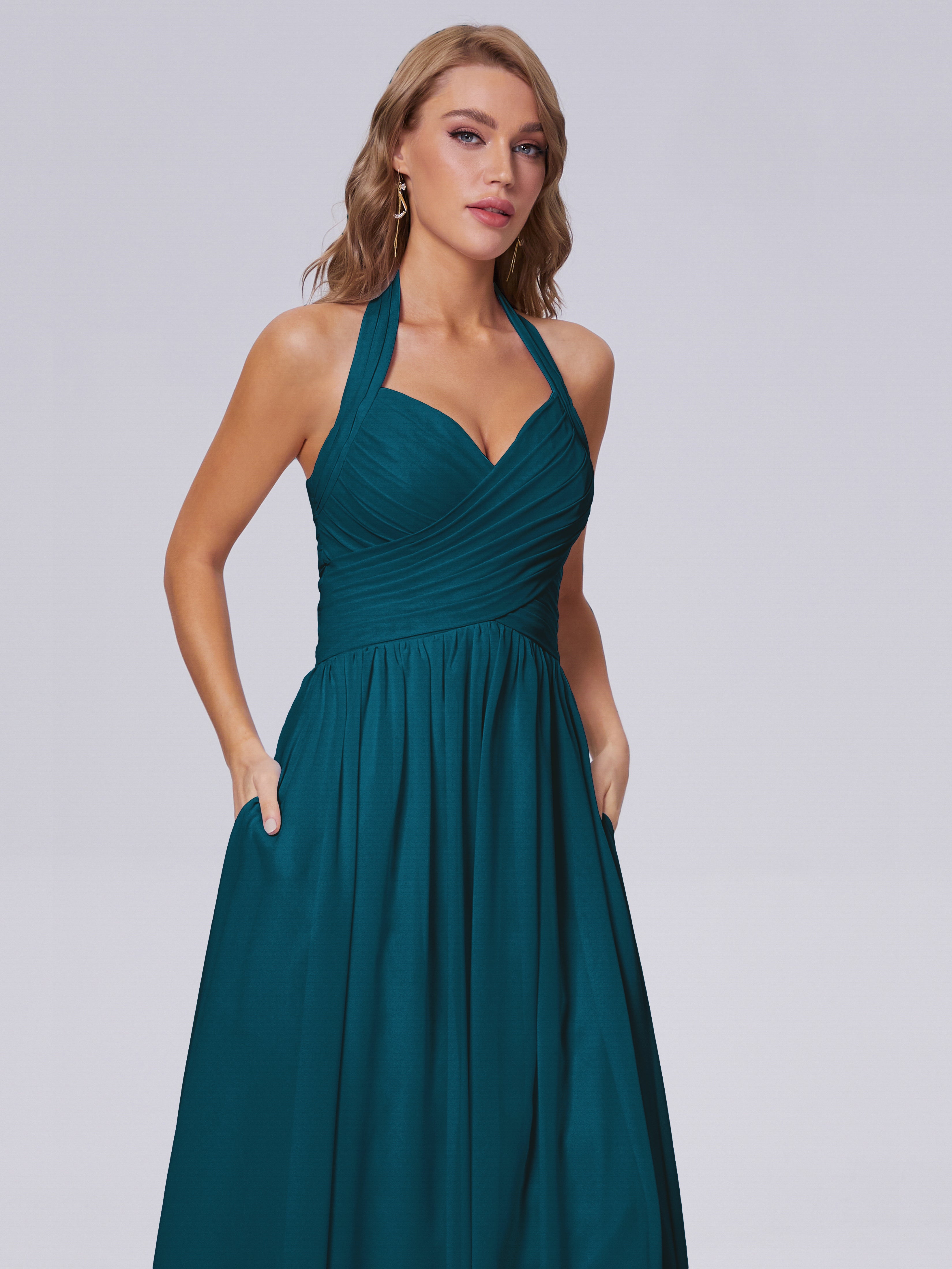 Robes De Demoiselle D'Honneur Bleu Encre Superbe Licou Mousseline Robes Demoiselle D'Honneur