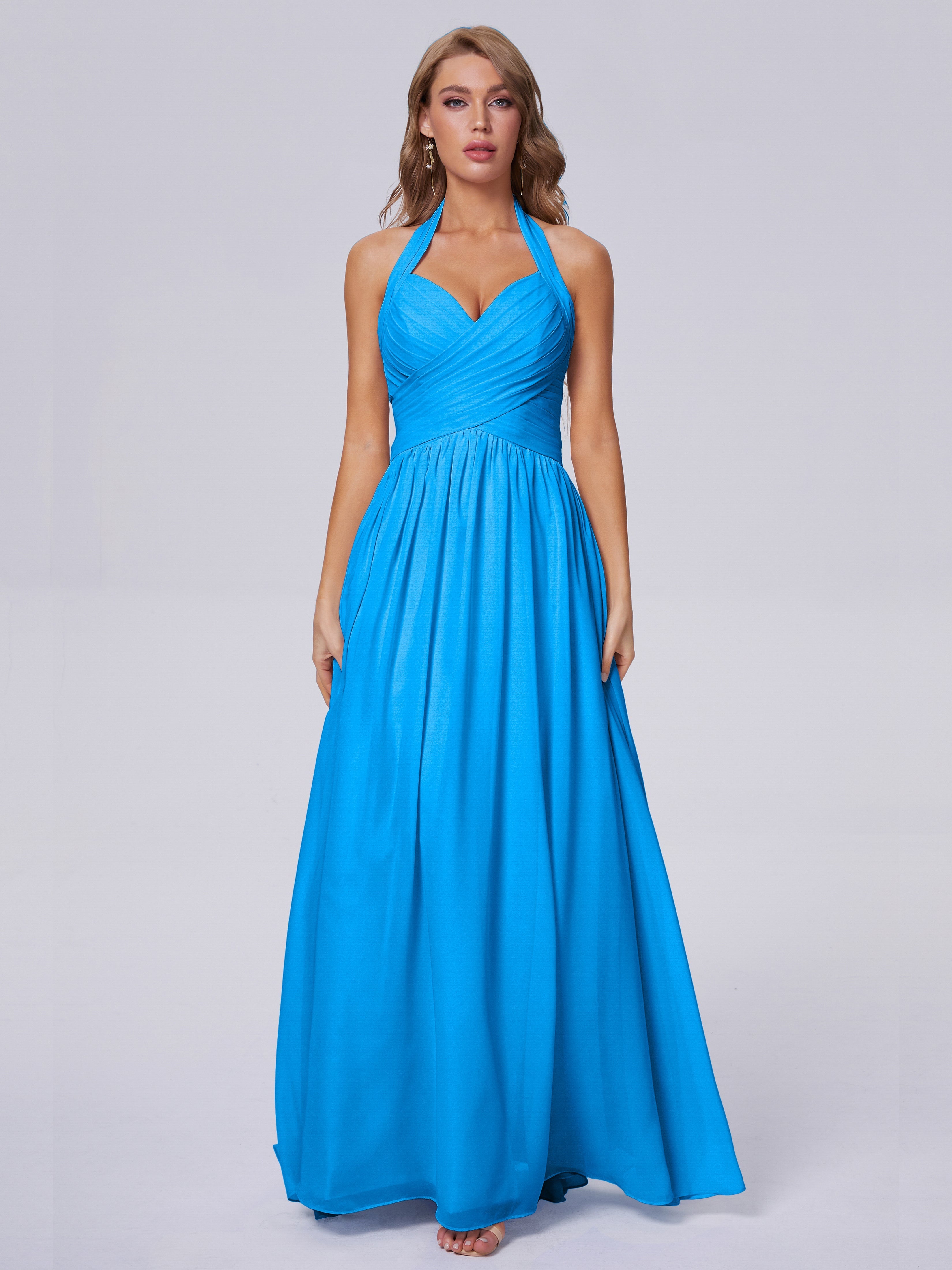 Robes De Demoiselle D'Honneur Bleu Océan Superbe Licou Mousseline Robes Demoiselle D'Honneur