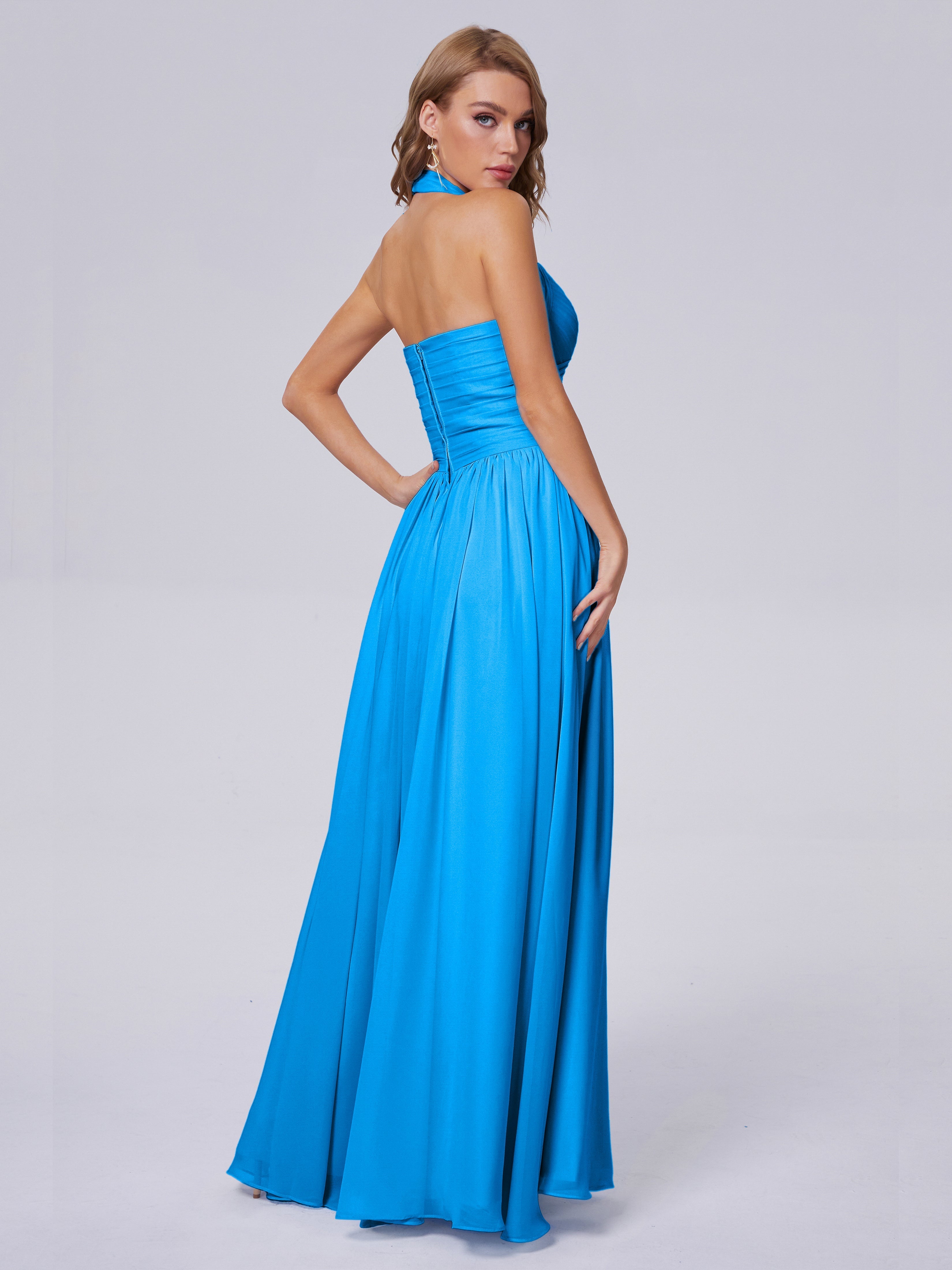Robes De Demoiselle D'Honneur Bleu Océan Superbe Licou Mousseline Robes Demoiselle D'Honneur