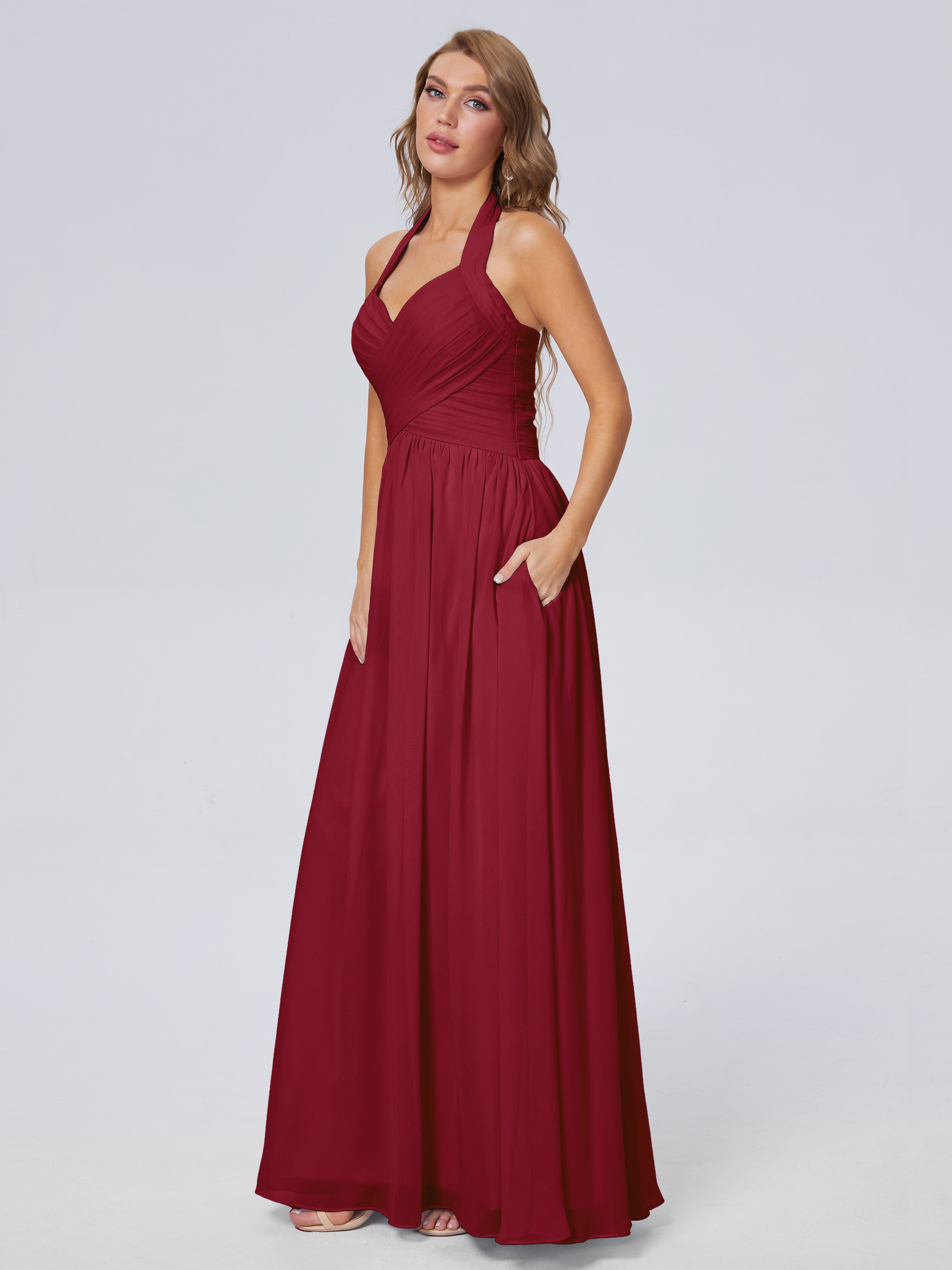 Robes De Demoiselle D'Honneur Couleur Bordeaux Superbe Licou Mousseline Robes Demoiselle D'Honneur