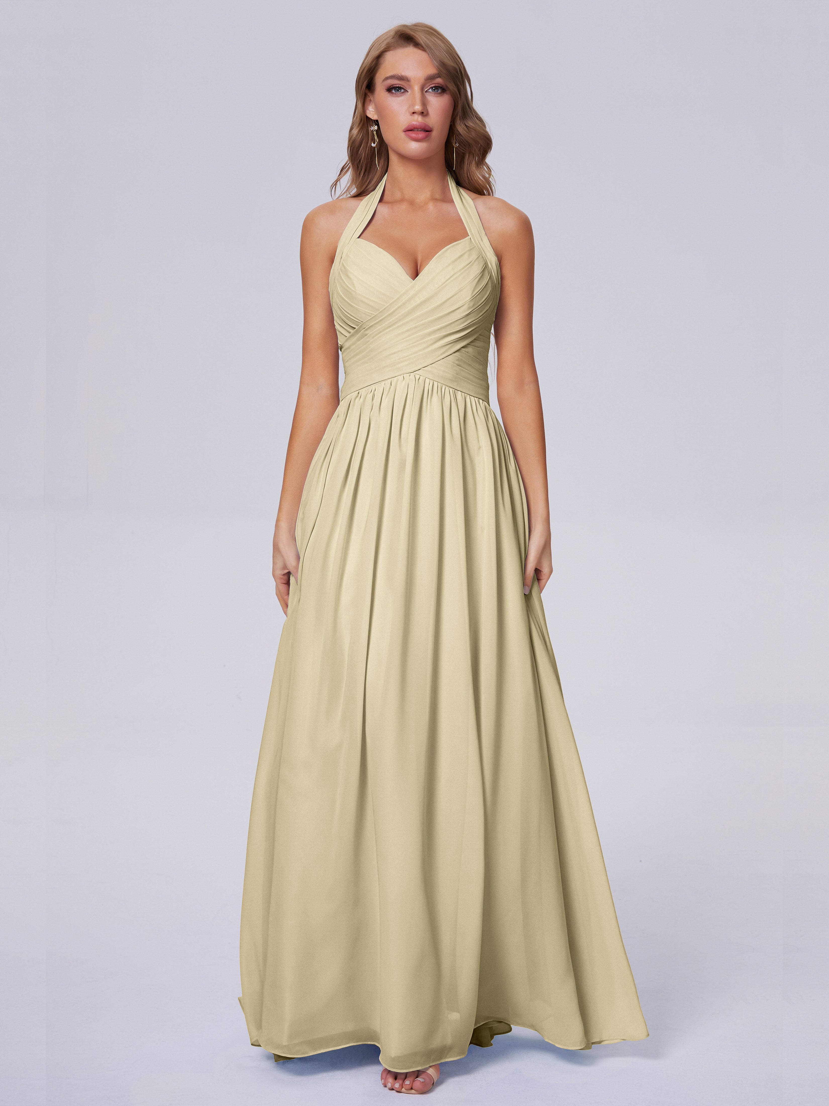 Robes De Demoiselle D'Honneur Champagne Longues Superbe Licou Mousseline Robes Demoiselle D'Honneur