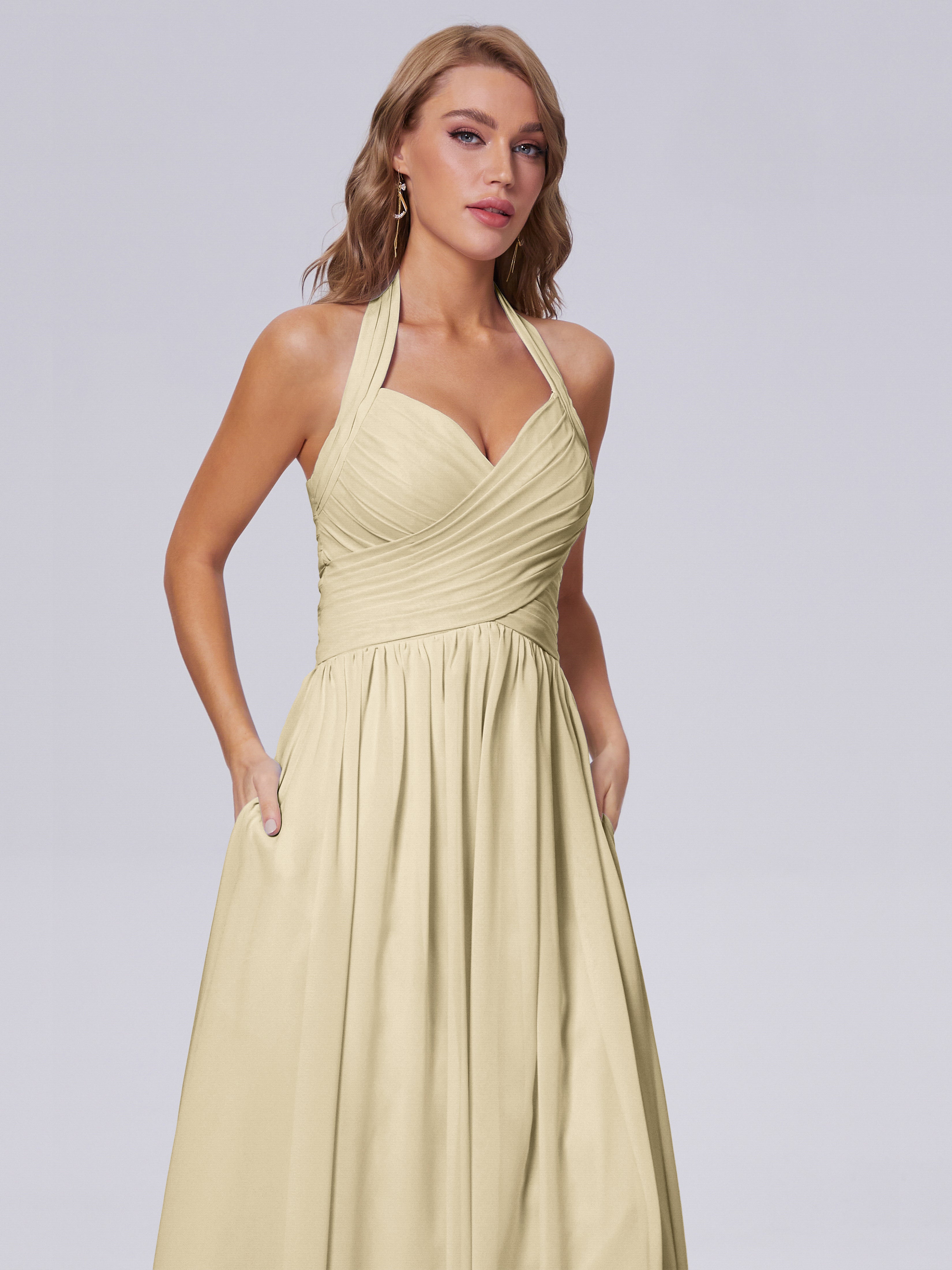 Robes De Demoiselle D'Honneur Champagne Longues Superbe Licou Mousseline Robes Demoiselle D'Honneur