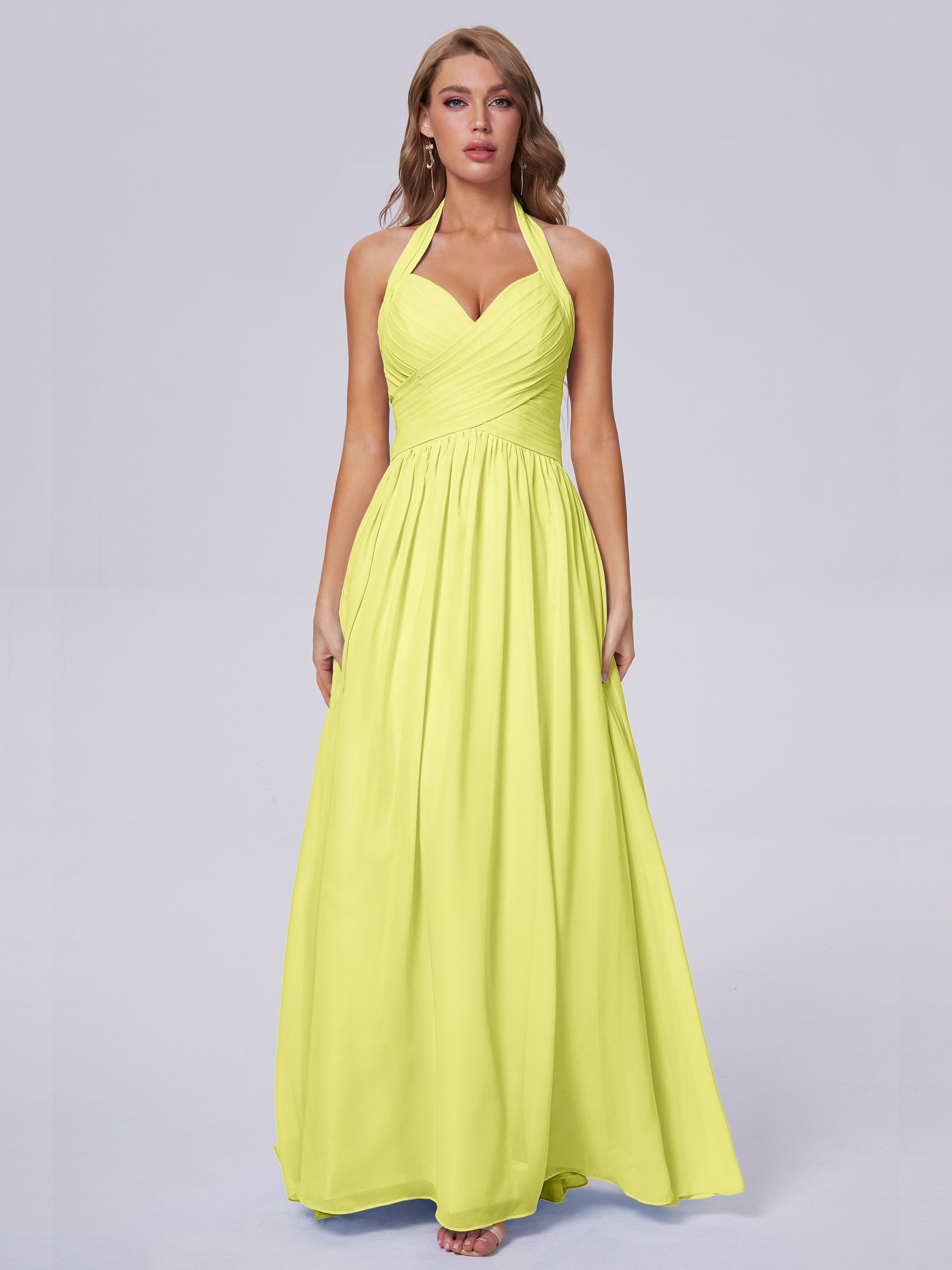 Robes De Demoiselle D'Honneur Jonquille Superbe Licou Mousseline Robes Demoiselle D'Honneur