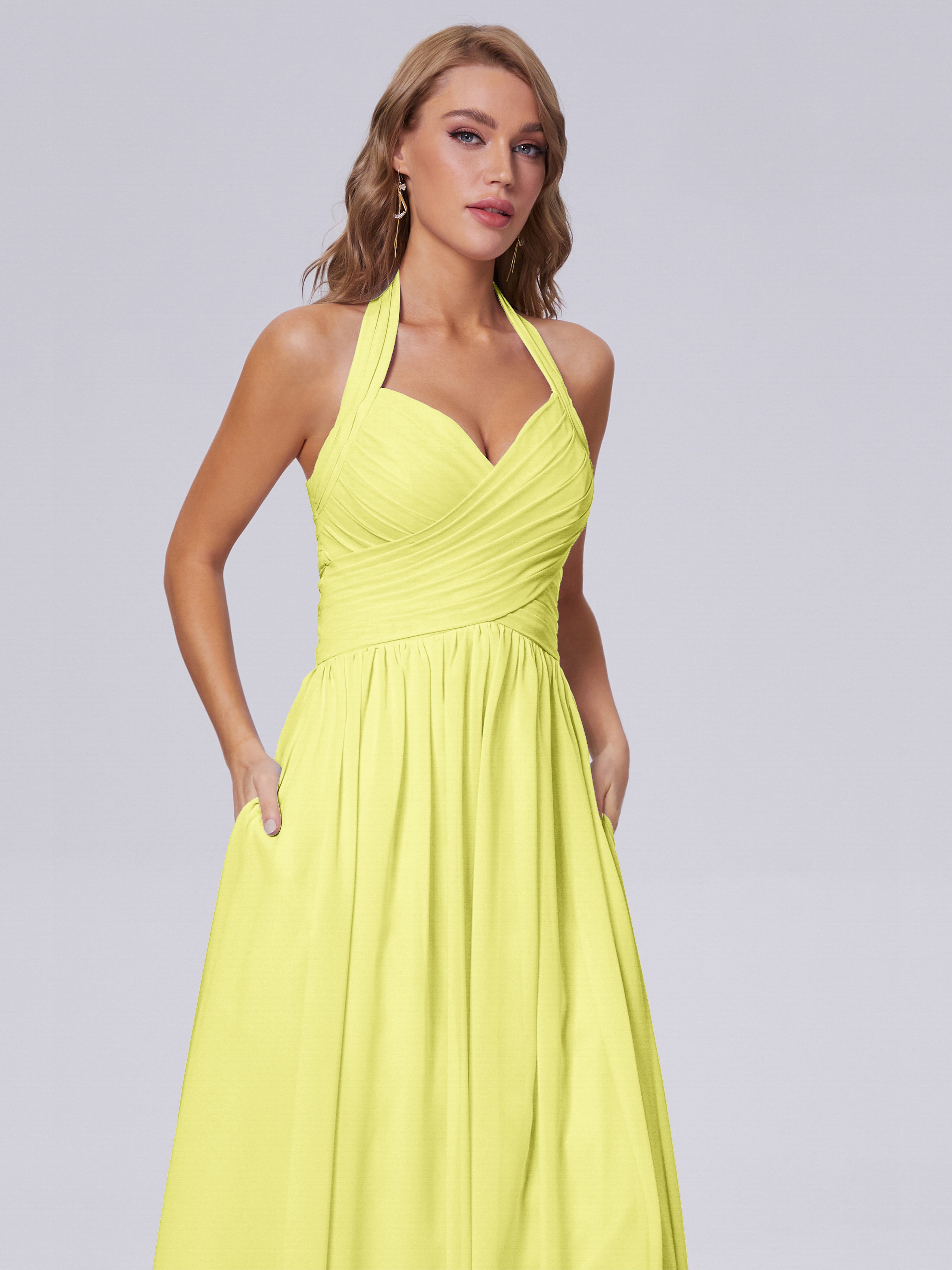 Robes De Demoiselle D'Honneur Jonquille Superbe Licou Mousseline Robes Demoiselle D'Honneur