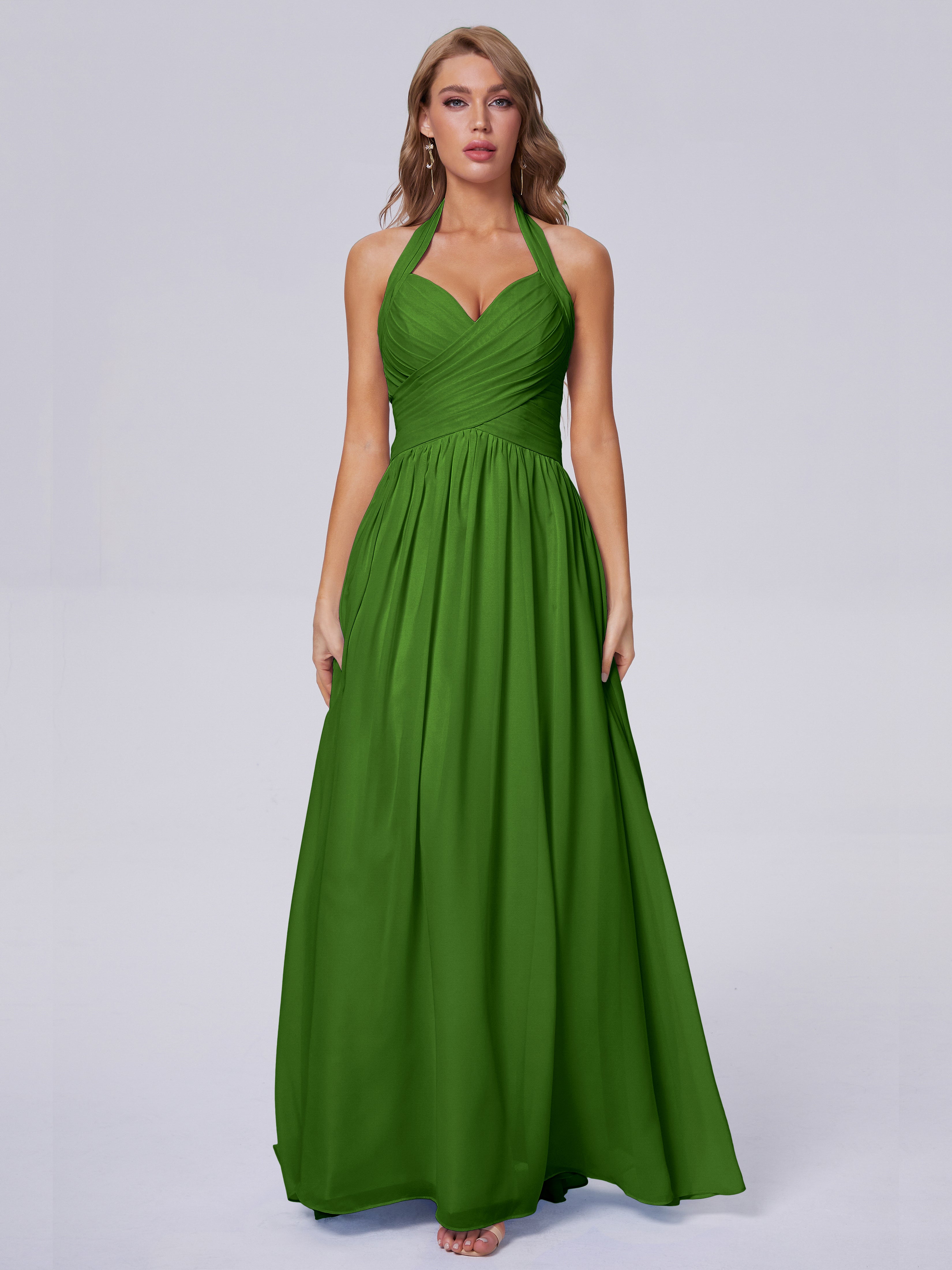 Robes De Demoiselle D'Honneur Vert Mousse Superbe Licou Mousseline Robes Demoiselle D'Honneur