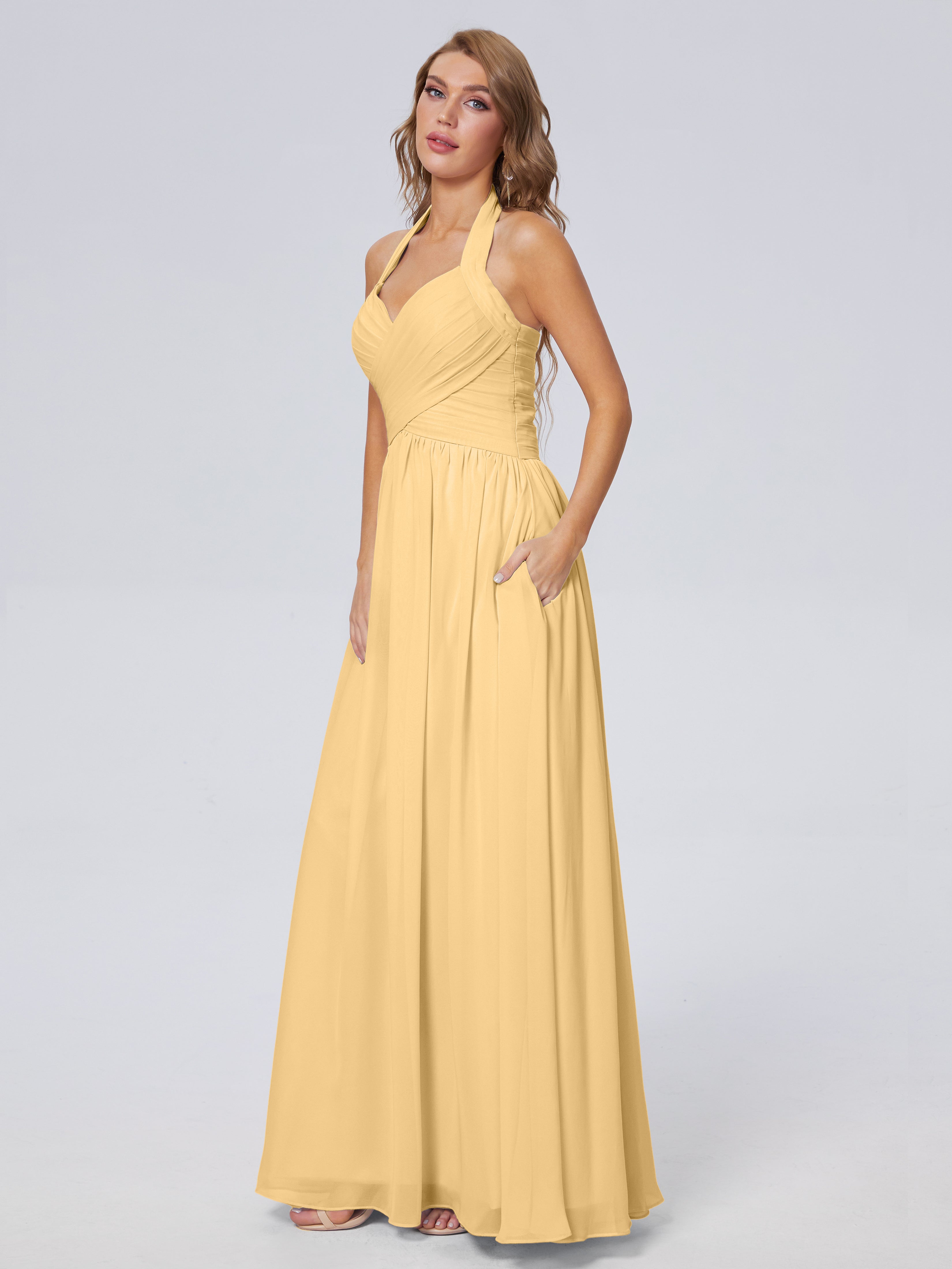 Robes De Demoiselle D'Honneur Élégantes En Or Superbe Licou Mousseline Robes Demoiselle D'Honneur