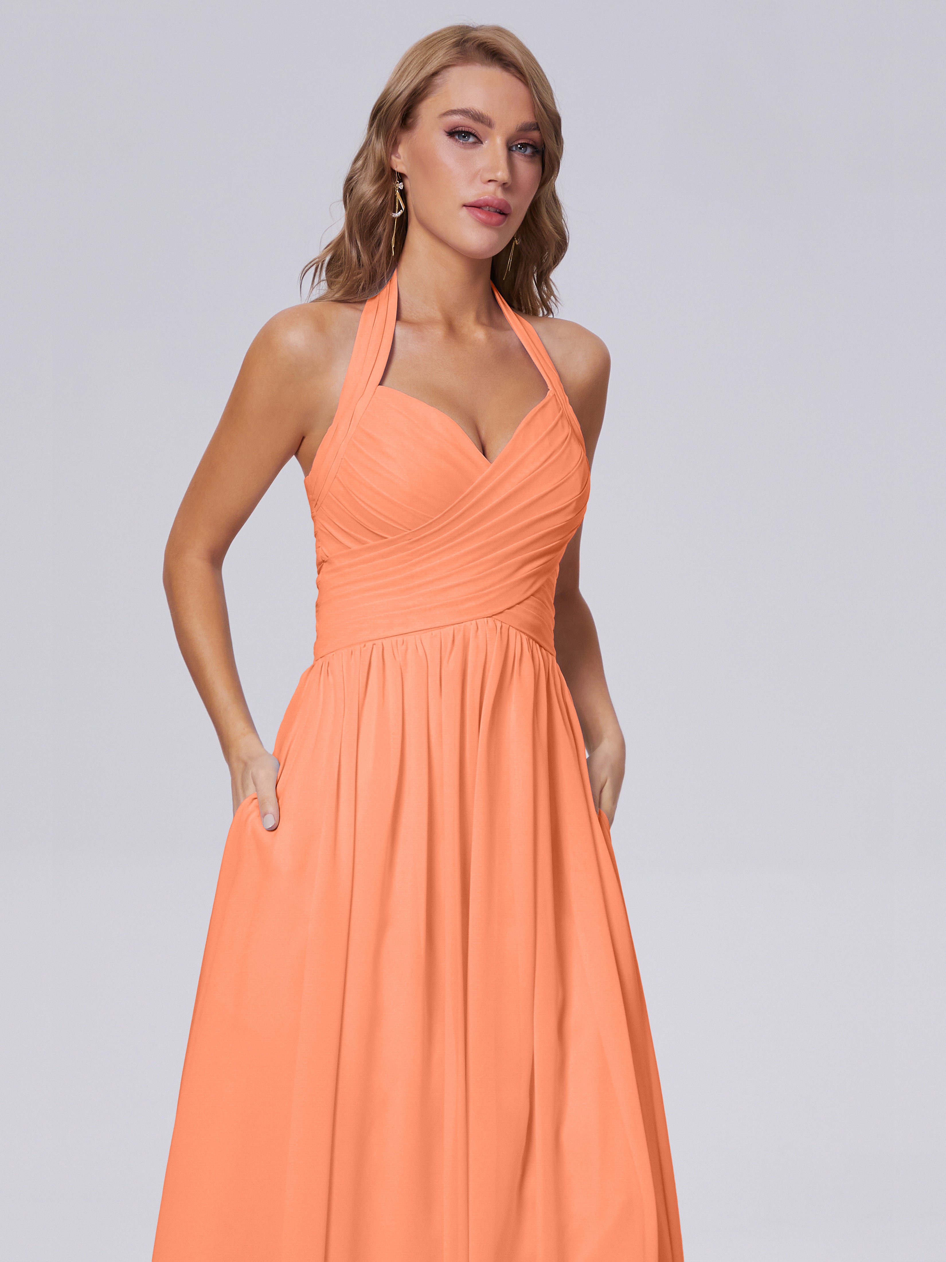 Robes De Demoiselle D'Honneur Papaye Superbe Licou Mousseline Robes Demoiselle D'Honneur